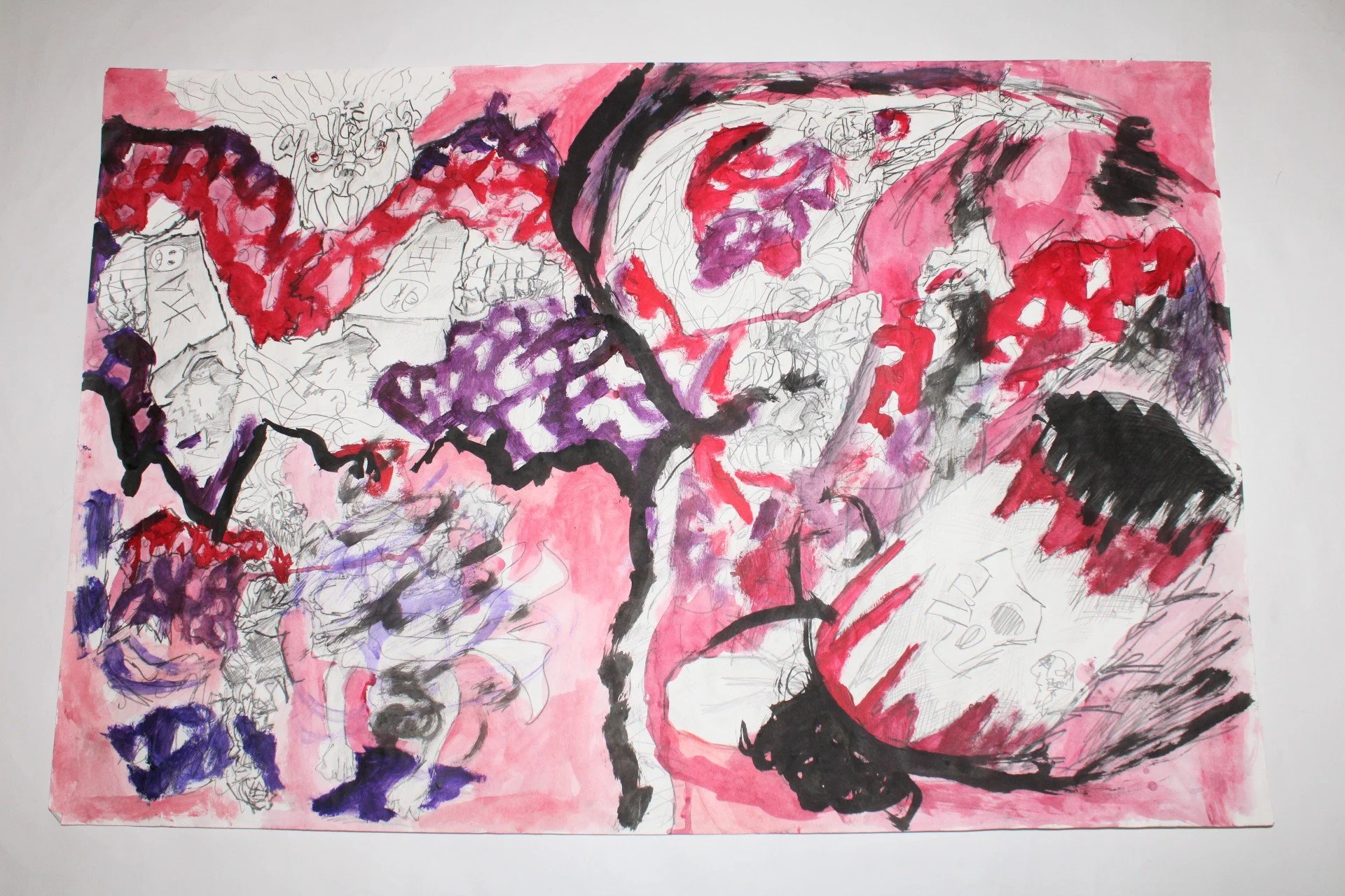Genesis: Studio Floor III (Bandage), Acrylic paint, ink, and graphite pencil on Drawing paper, 46 inches x 36 inches, 2020.