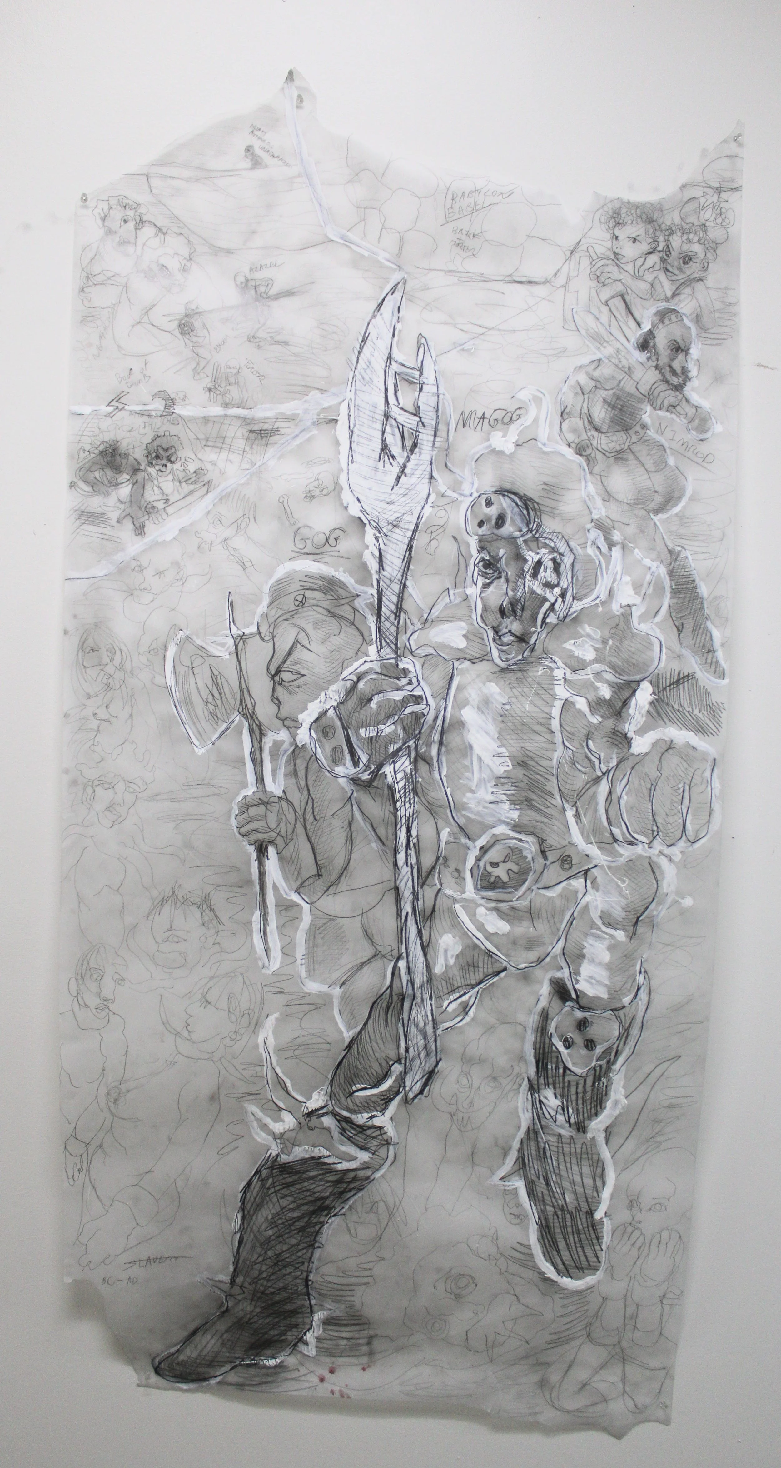 Magog/Gog II, Graphite pencil and gesso on vellum, 36 inches x 74 inches, 2023.
