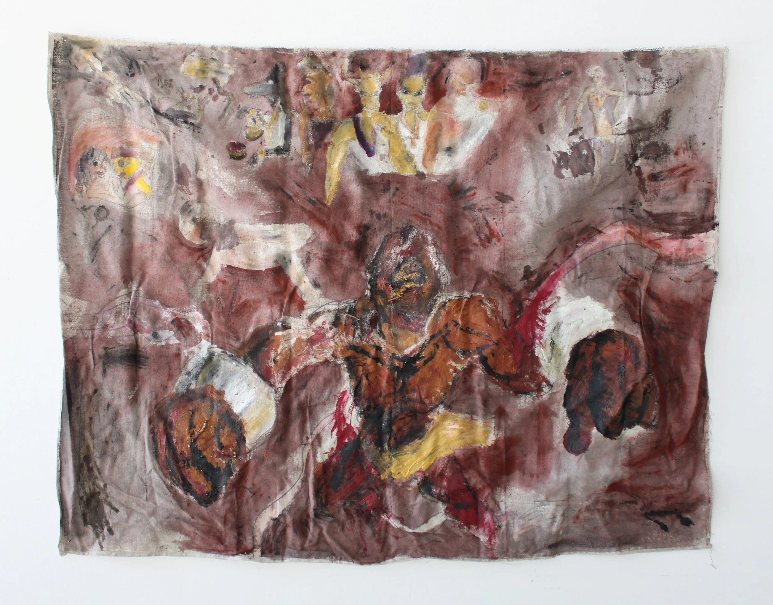 I. On the other side of the garden, Acrylic paint, sticks, and graphite pencil on unstretched canvas/unprimed canvas, 68 inches x 53 inches, 2023.