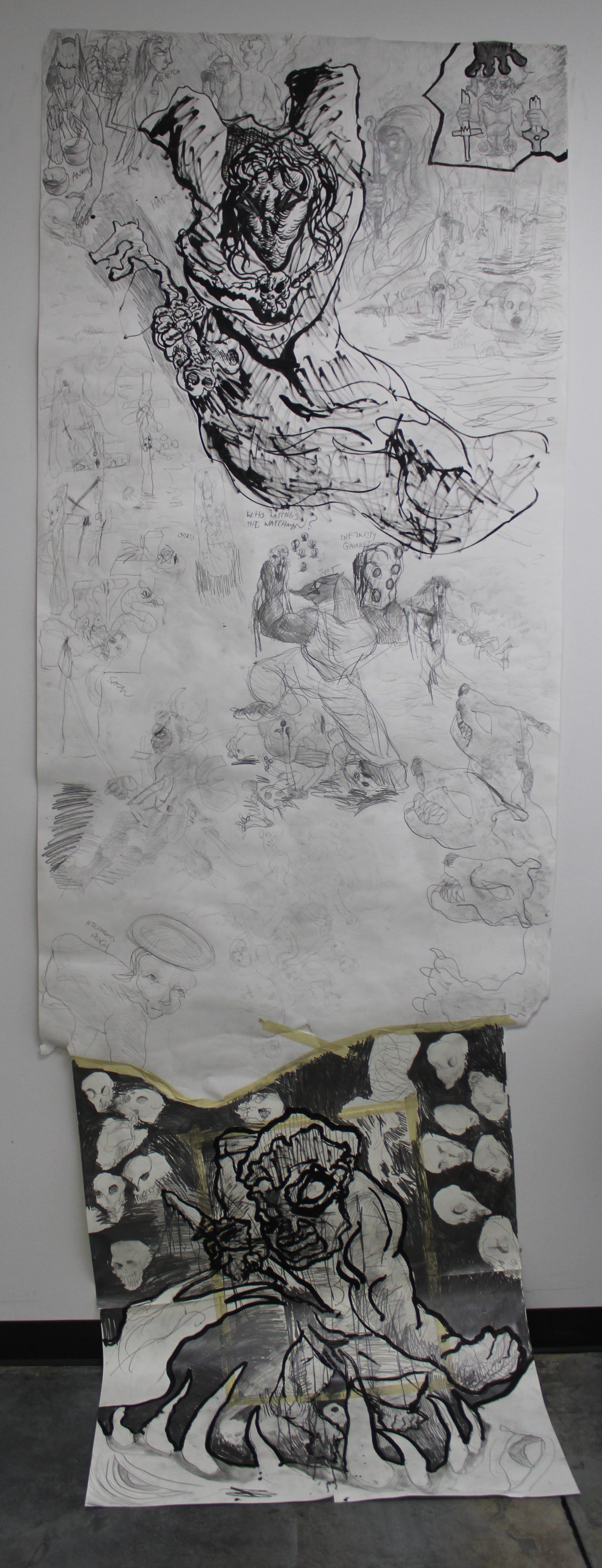 Key to Hades, Ink and graphite pencil on Mixed media paper, 42 x 120 inches, 2023.