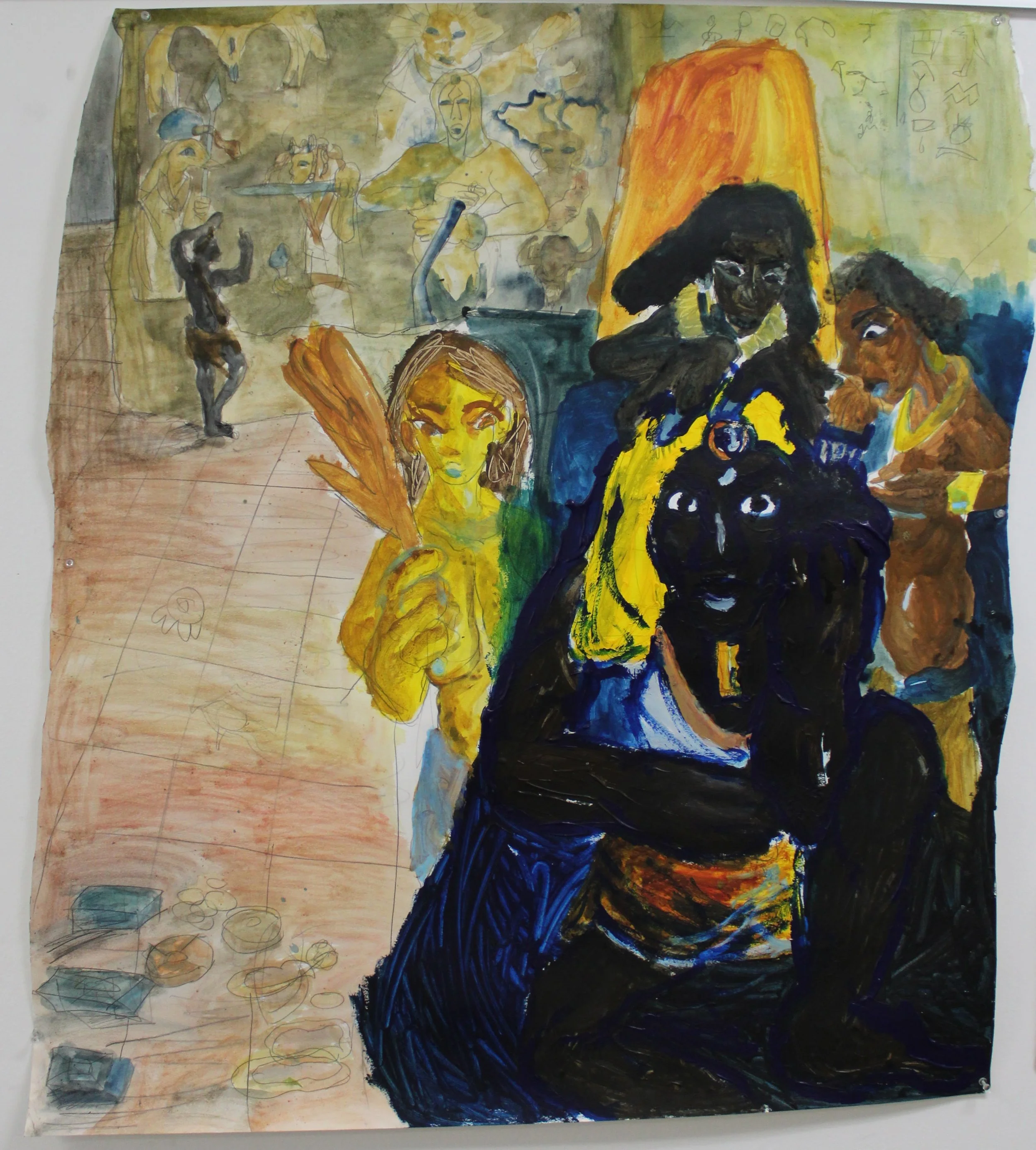 King Kashta's Throne room I, Acrylic, Watercolor, and Graphite pencil on Watercolor paper, 38 inches x 42 inches, 2023.
