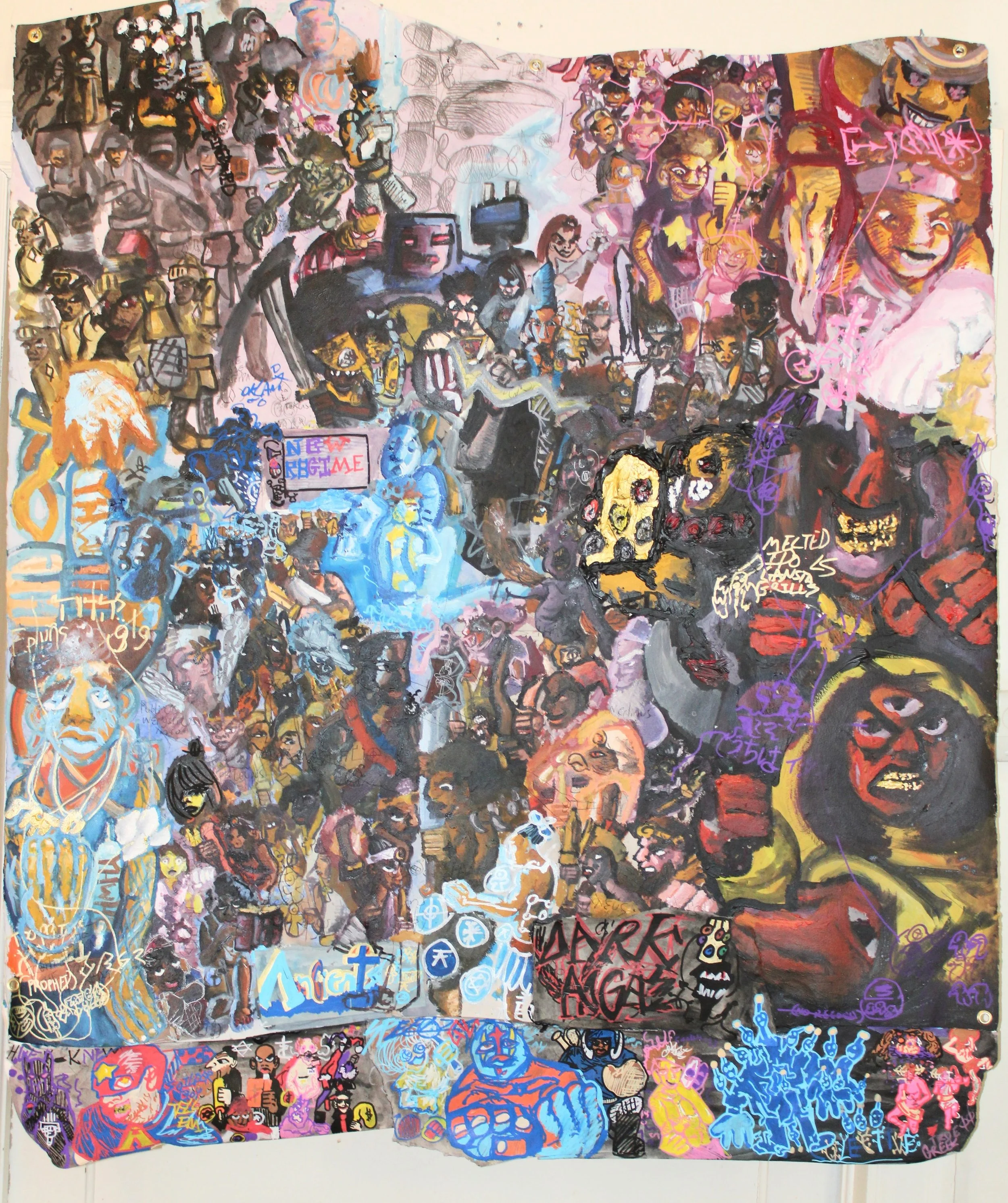 TM V: New Gods Clash ( New Regime, Dark Angels, and Ancients), Acrylic paint, graphite pencil, collaged paper, posca markers, and carbon on Arches paper, 62 x 52 inches, 2025.