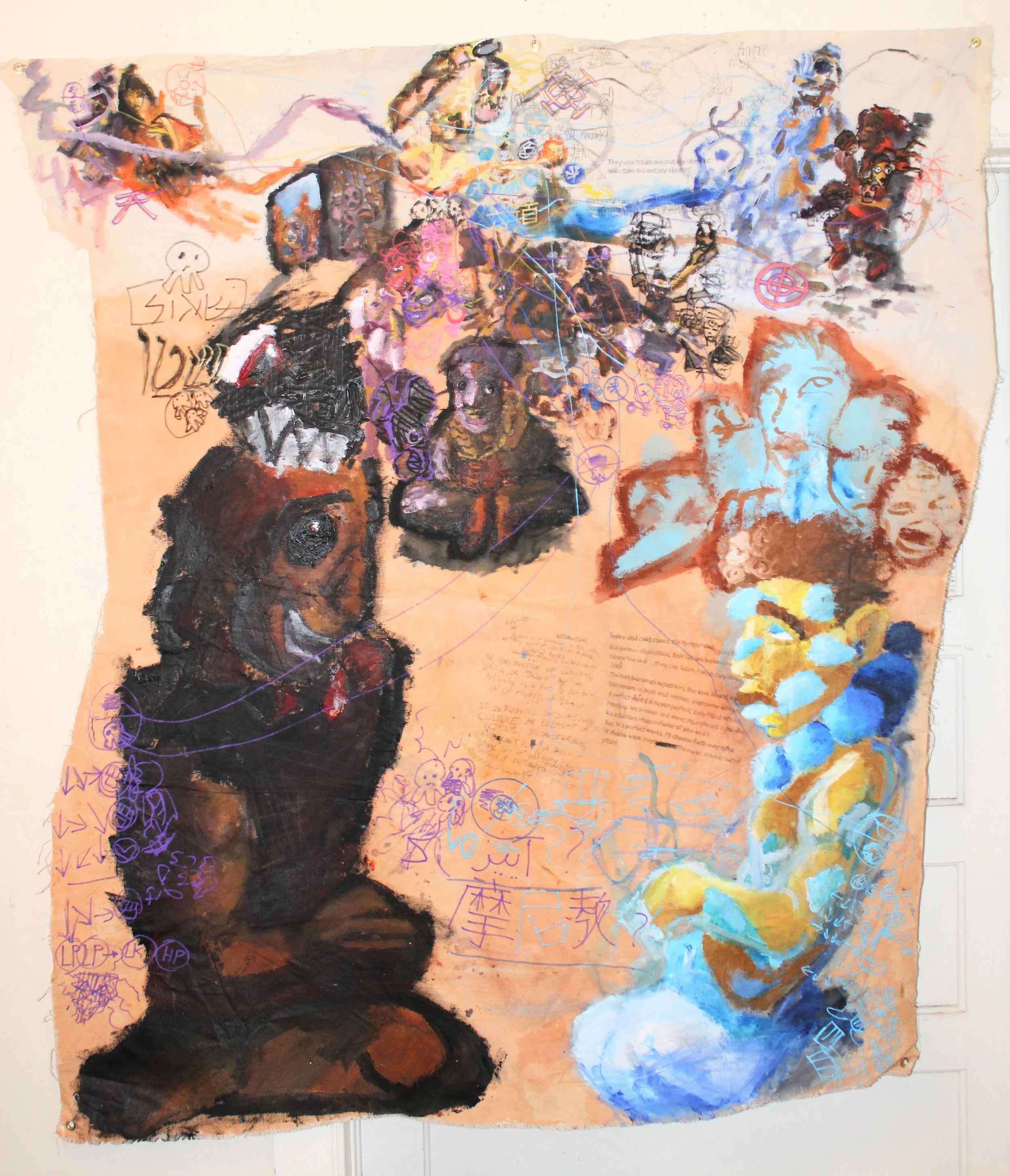 Axial(s) III: Cosmologies and Calling, Acrylic, graphite pencil, posca markers, and carbon on Canvas, 60 x 74 inches, 2025.