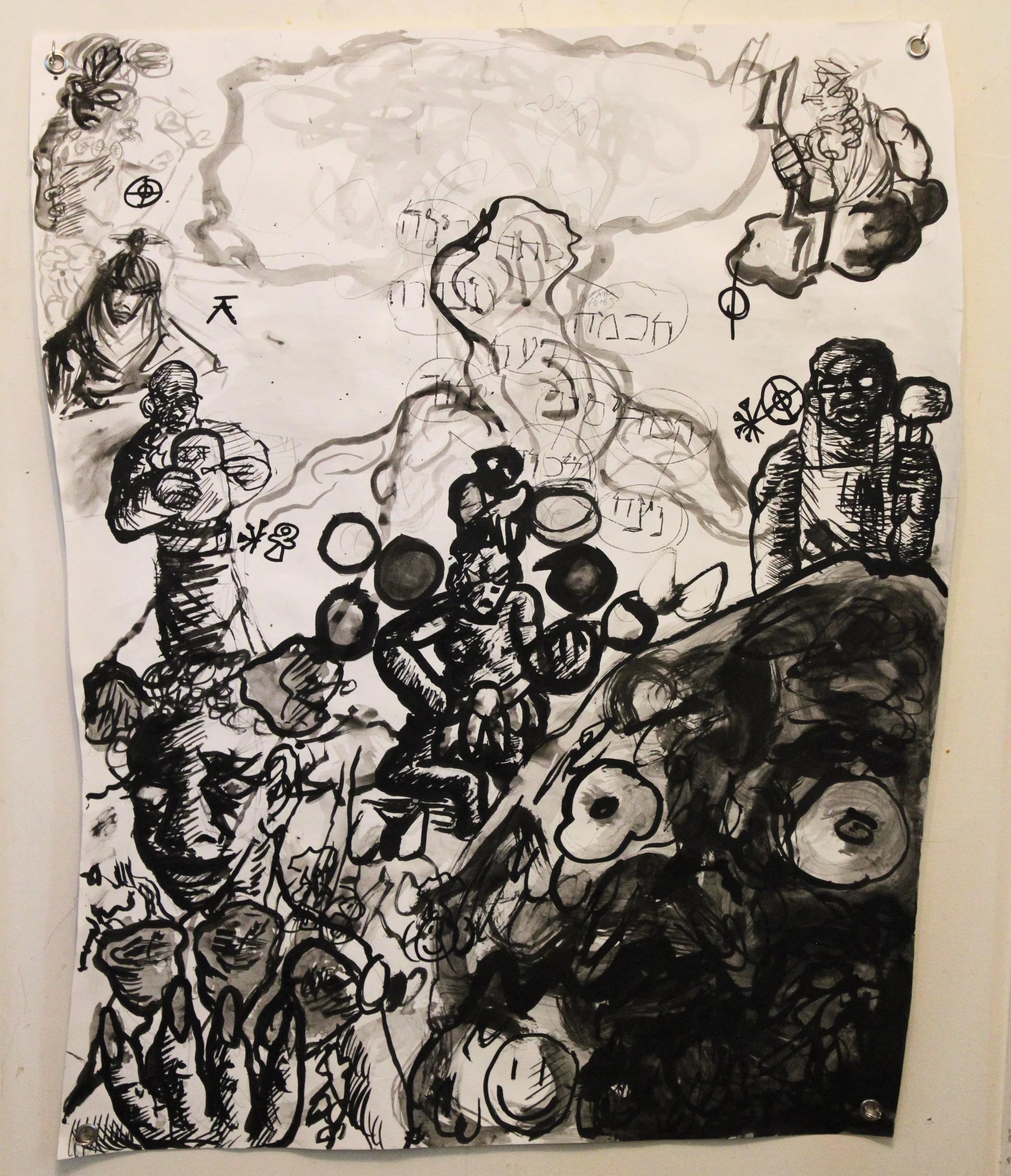 Cosmology I. Interlude side B Tree of life , Ink and wash, carbon tracing, and posca marker on Drawing paper, 29 x 36 inches, 2025.
