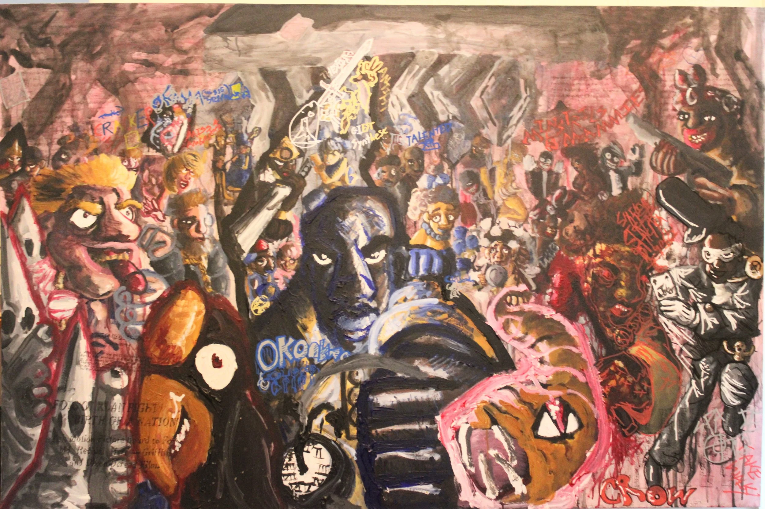 Crow, Acrylic, graphite pencil, Posca markers and carbon paper on Canvas, 48 x 36 inches, 2025.