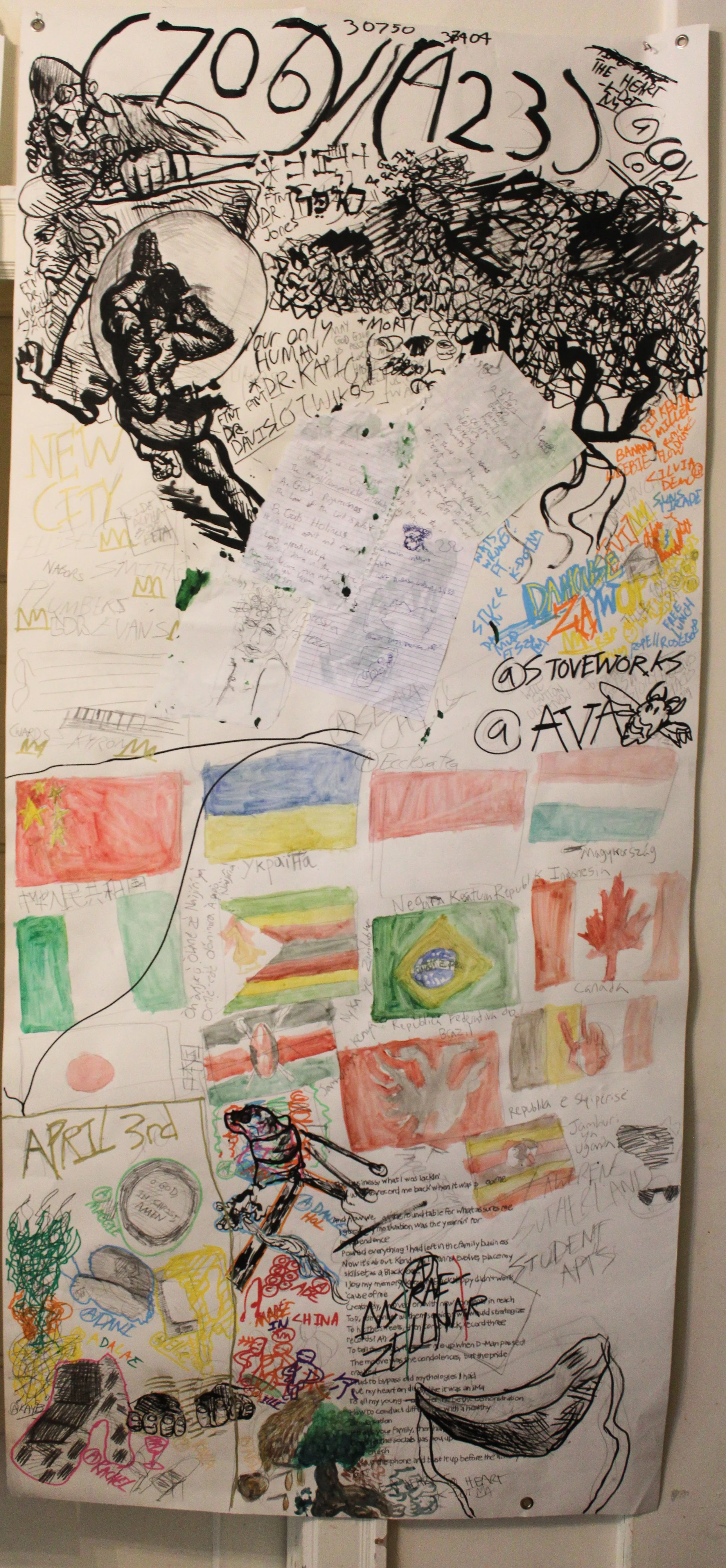 706/423-30750/37404, Plastic bags, collaged paper, acrylic, watercolor , graphite pencil, posca markers, and carbon tracings on drawing paper, 36 x 75 inches, 2025.