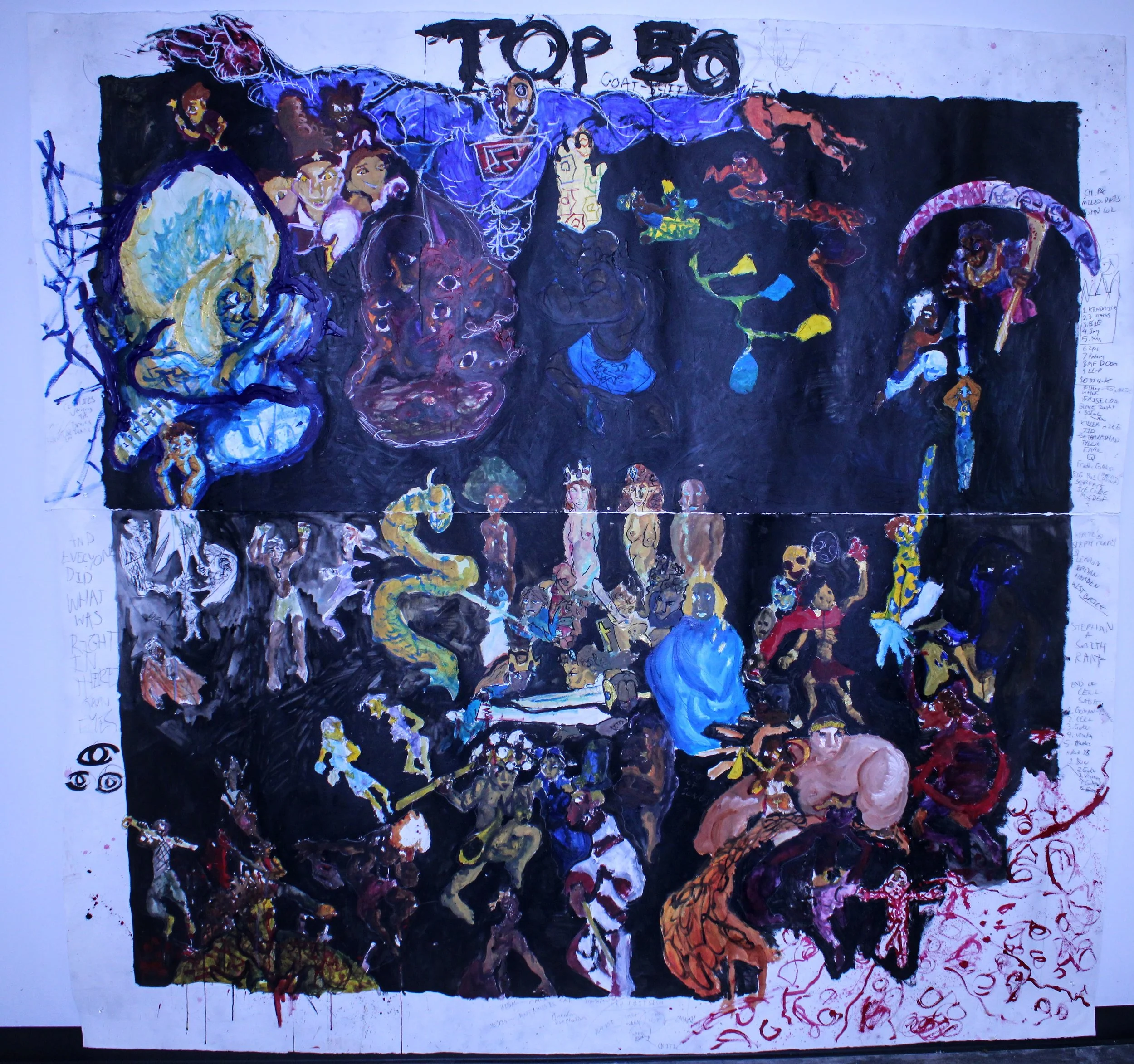 Top 50 part II, Acrylic, watercolor, and pencil on Arches paper, 60 x 100 inches, 2022-2023.