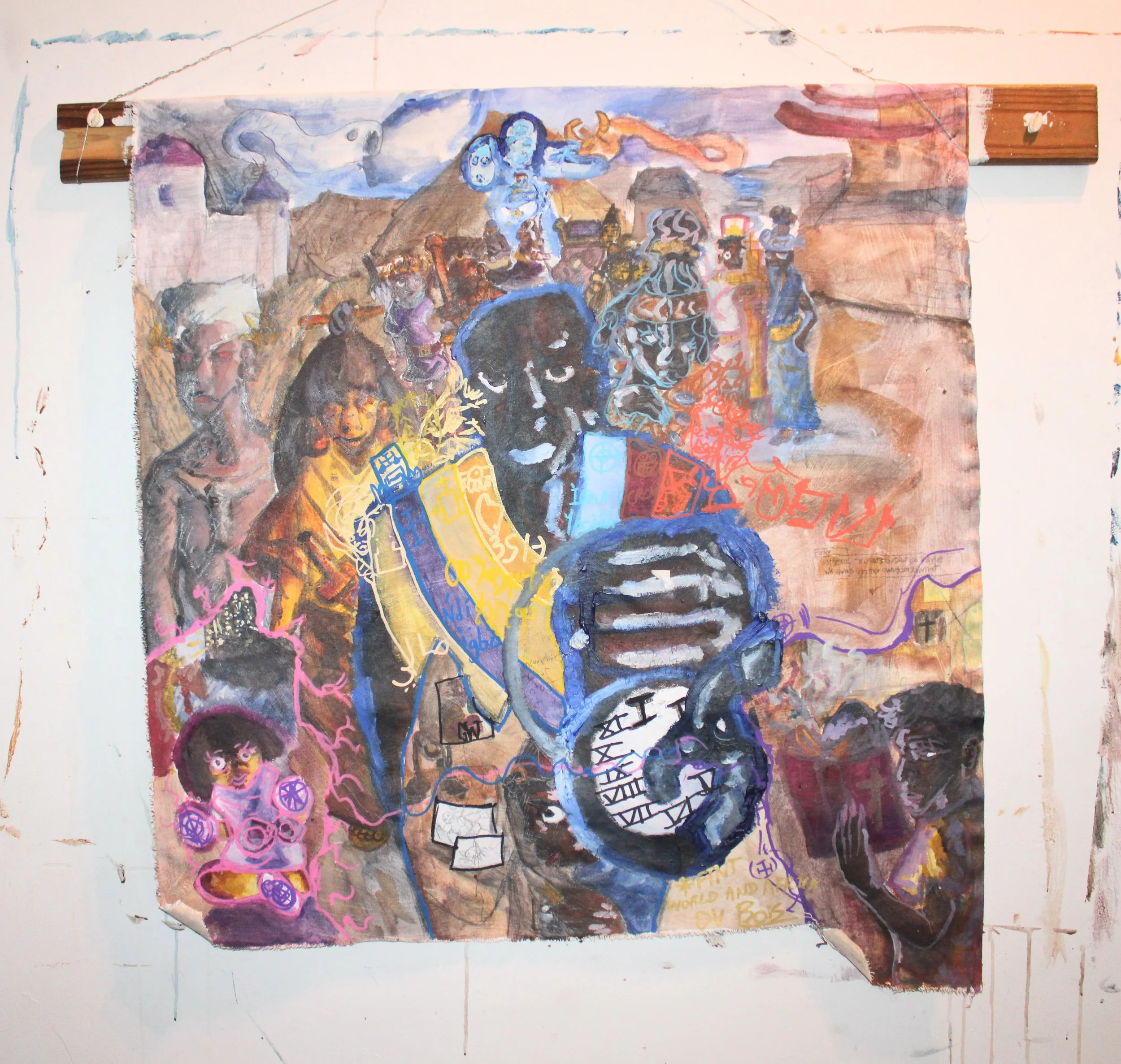 Magicians I (Self titled), Acrylic, graphite pencil,  marker, carbon tracing, and cowrie shells on Canvas attached to wooden board,  46 x 40 inches, 2025.