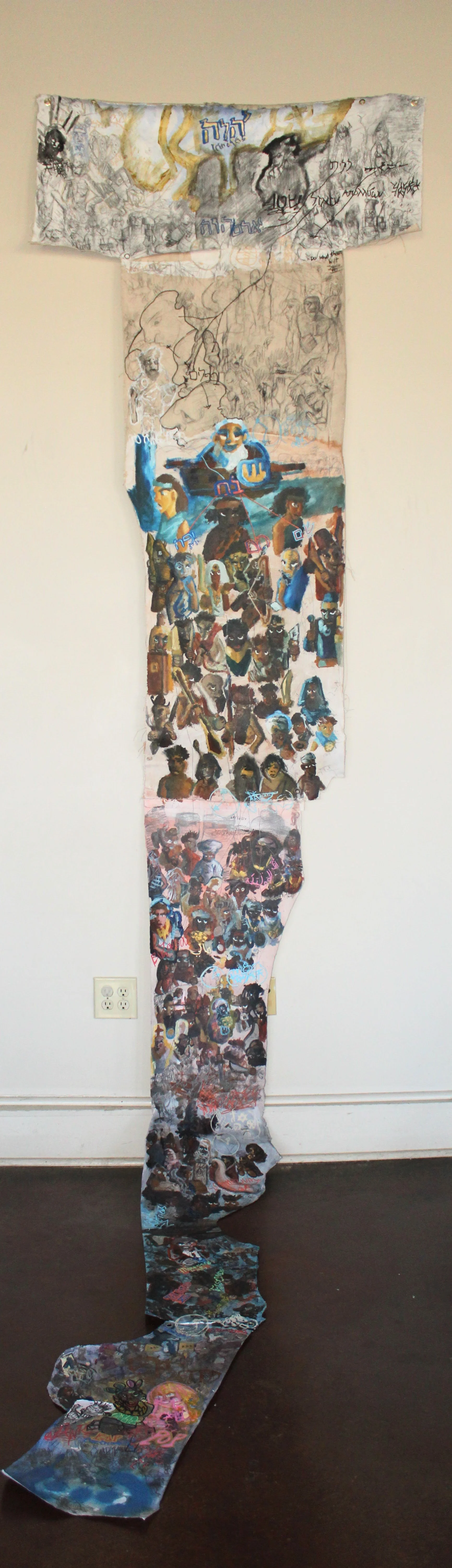 Genealogy: Anthropology, Acrylic, graphite pencil, marker, spray paint, carbon tracing, and collage on Canvas, Arches paper, and primed mixed media paper, 48 x 176 inches, 2025.