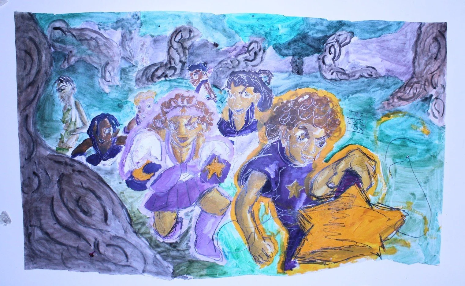 Vivian's in the cedar forest, Acrylic paint, watercolor, and graphite pencil on Bristol paper, 42 inches x 38 inches, 2023.