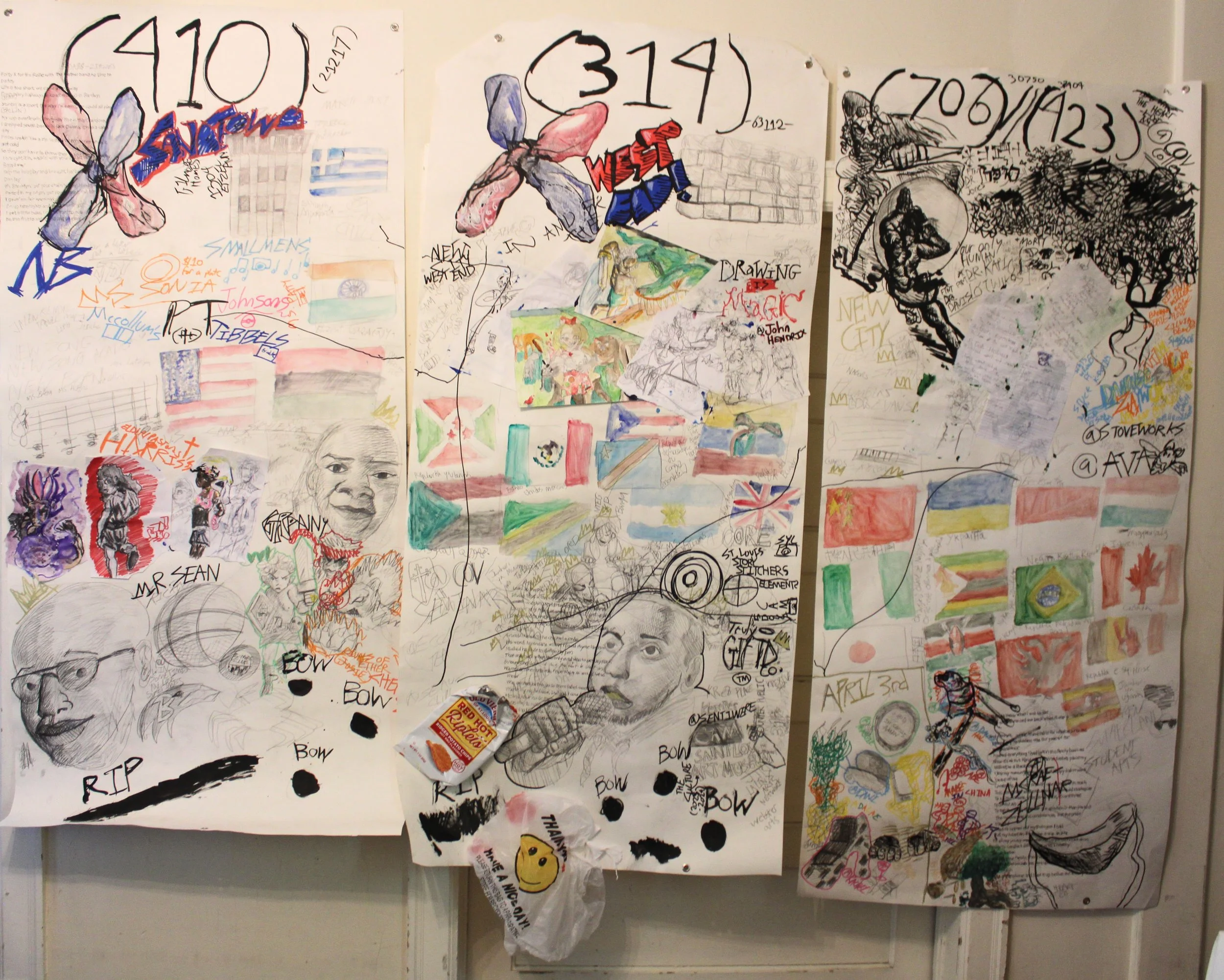 #'s, Zip codes, and signs, Plastic bags, collaged paper, acrylic, watercolor , graphite pencil, posca markers, and carbon tracings on drawing paper, 2025.