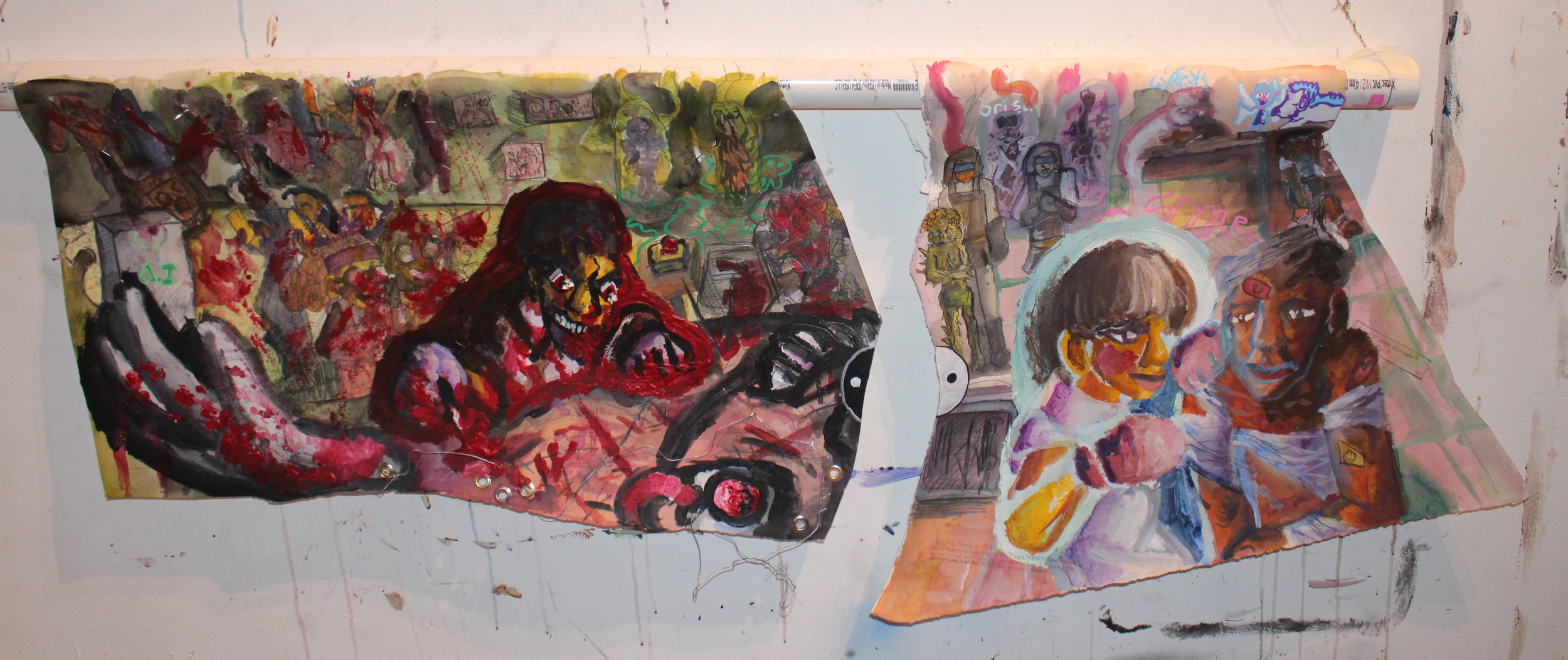 Scientist: Spite and Sugar experiments, Acrylic, oil pastel, graphite pencil, collaged paper, ink, marker, and carbon tracing on Arches and mixed media paper on Metal rod, 60 x 23 inches, 2026. 