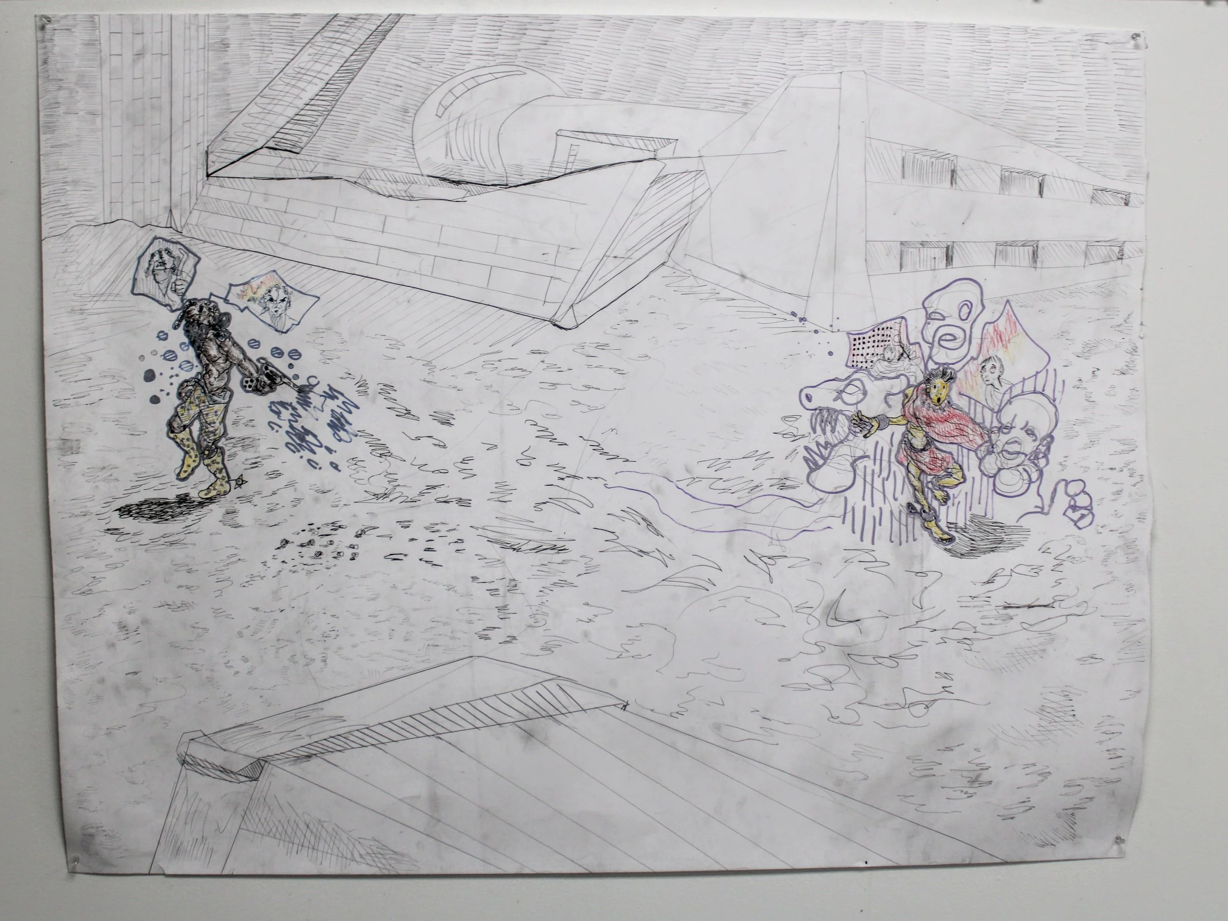 Culture Clash I, pens and markers on Bristol board, 36 x 46 inches, 2023.
