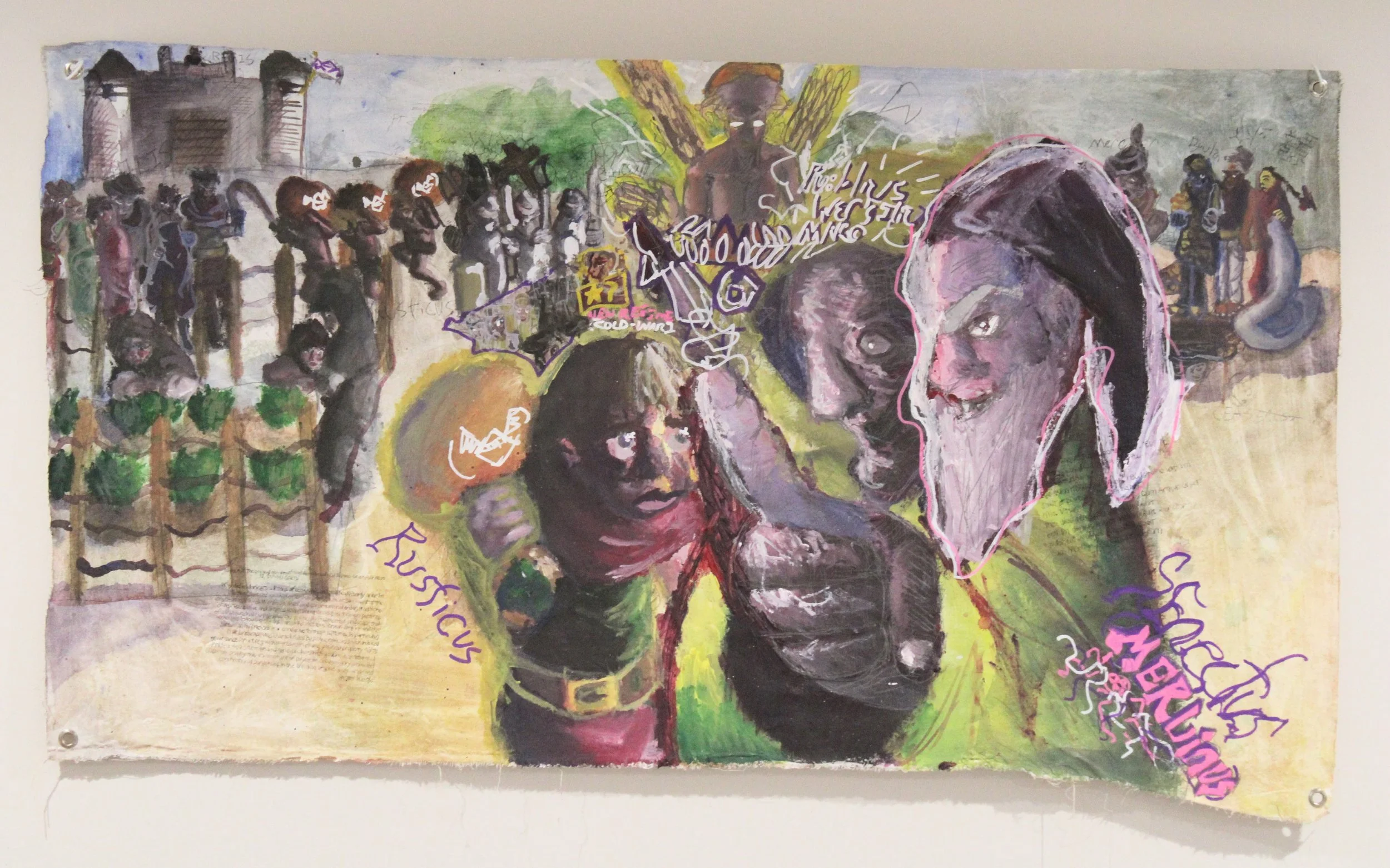 West: Genus, Acrylic, graphite pencil, posca markers, and carbon tracing on Canvas, 51 x 30 inches, 2025.