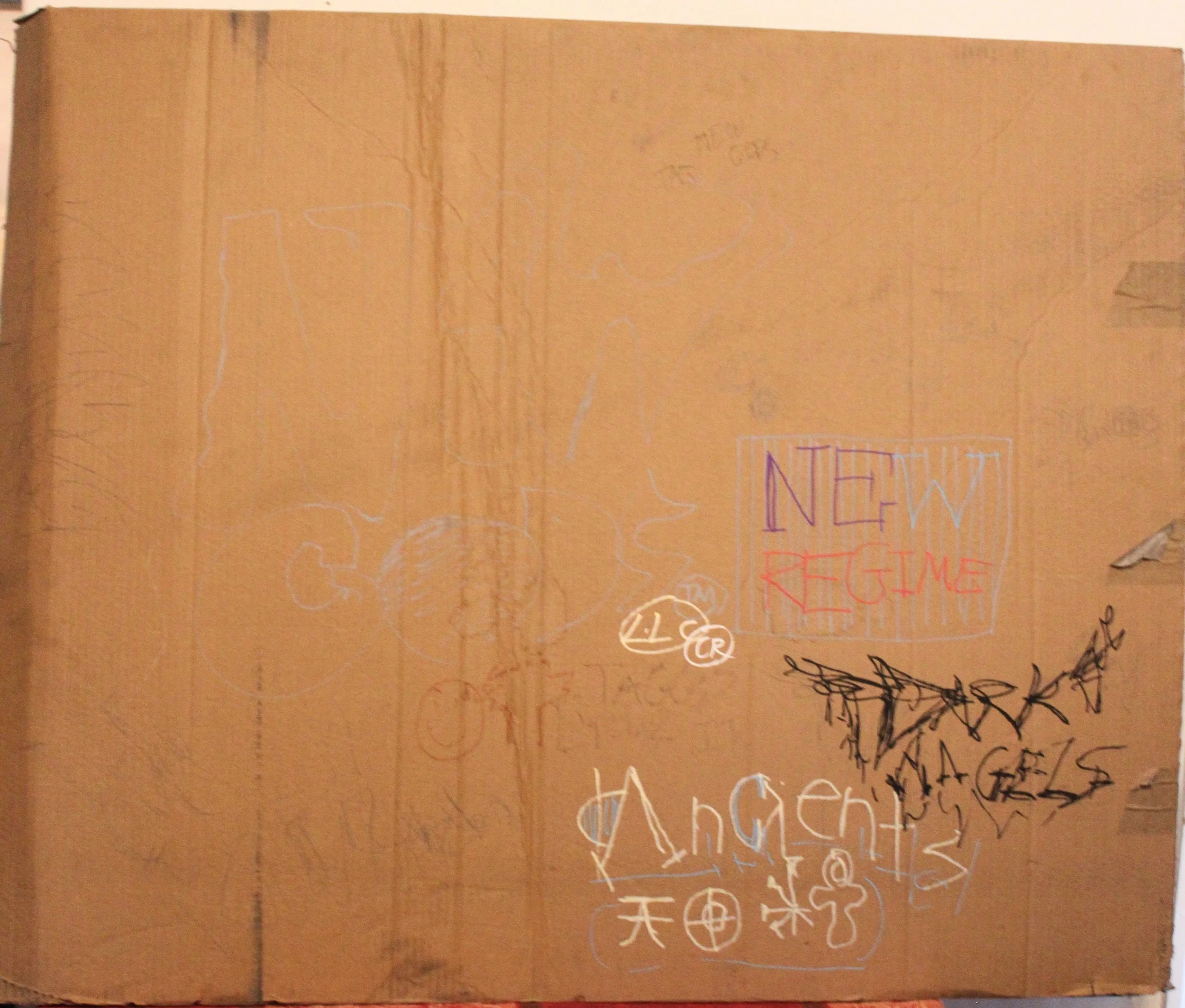 Tag II side A (New Gods), Posca Markers and Graphite pencil on Cardboard, 48 x 72 inches, 2025.