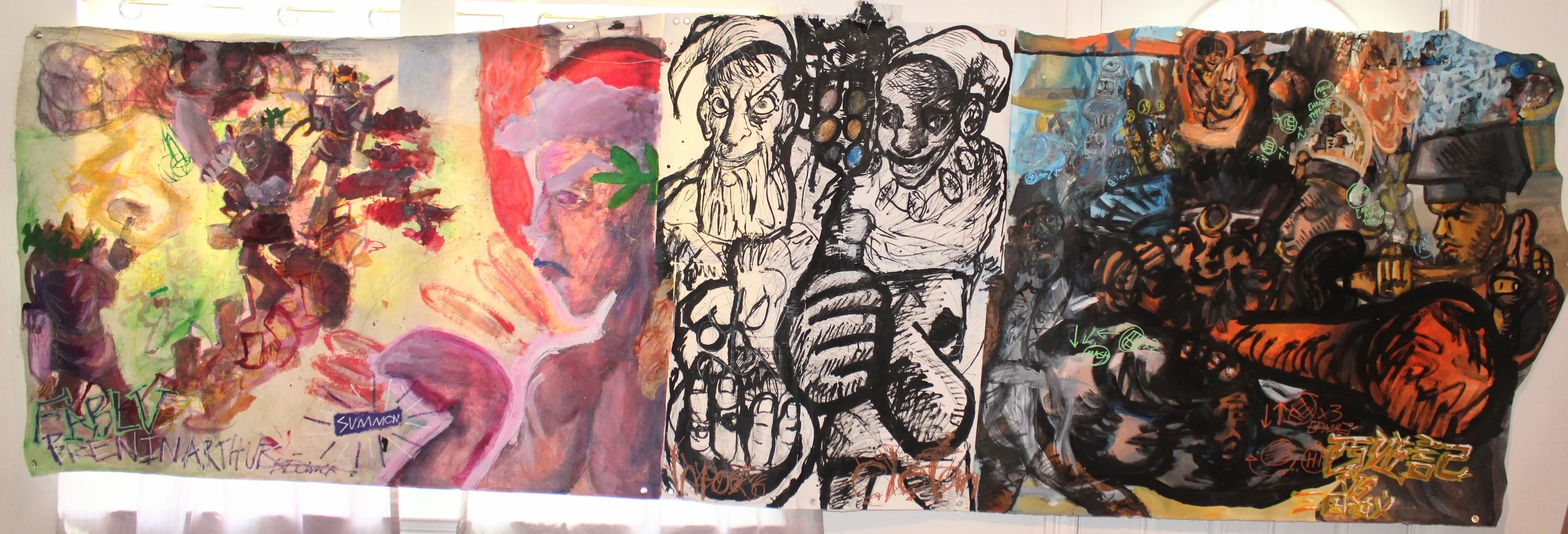 West/East: Grendel /(Tricksters)/ Romance of the 3 kingdoms, Acrylic, graphite pencil, ink, posca markers, and carbon tracing on Mixed media papers, arches paper, and canvas, 47 x 158 inches, 2025.