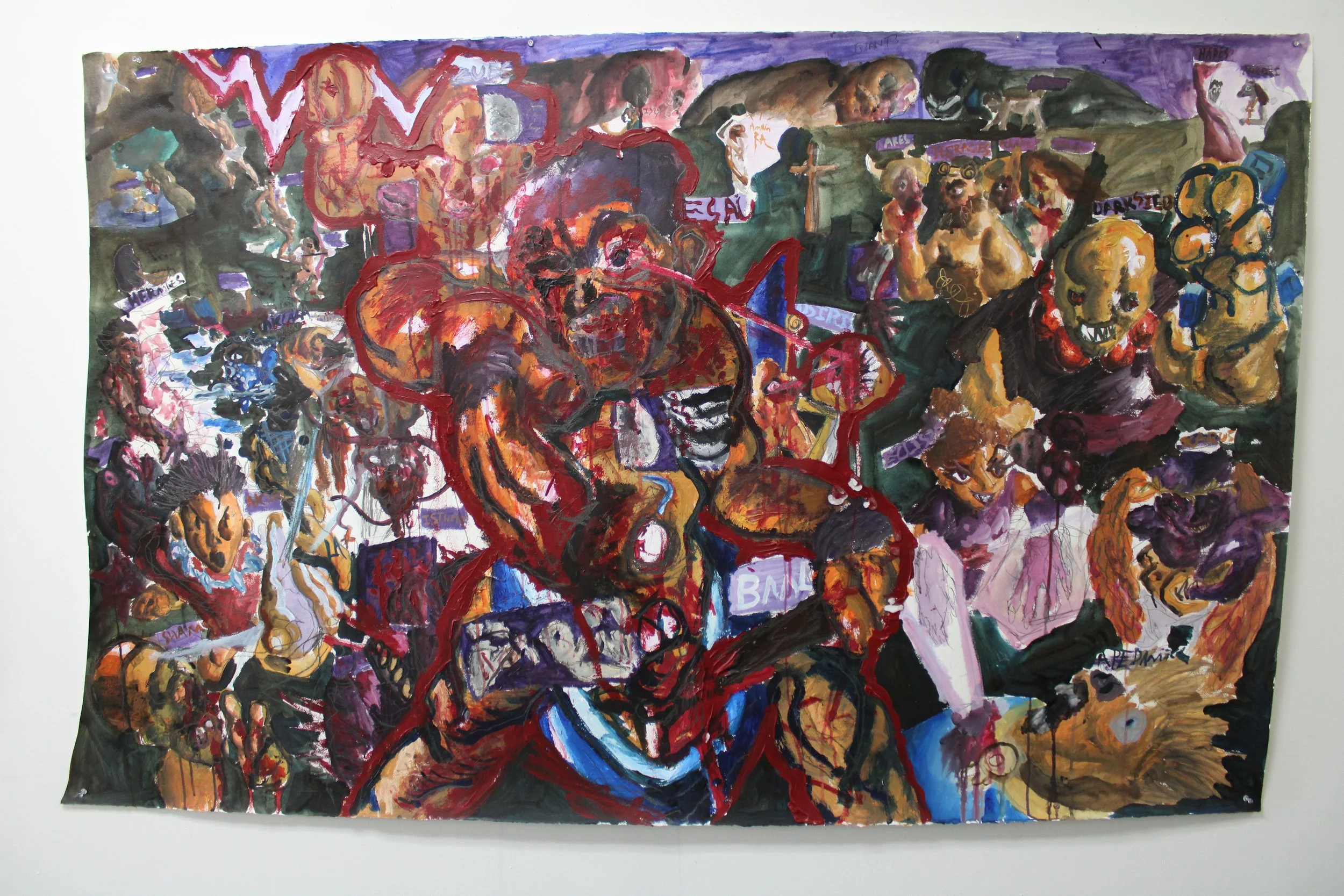 Death of the Old Gods I: Overthrow, Acrylic and graphite pencil on Arches paper, 45 inches x 73 inches, 2023-2024.