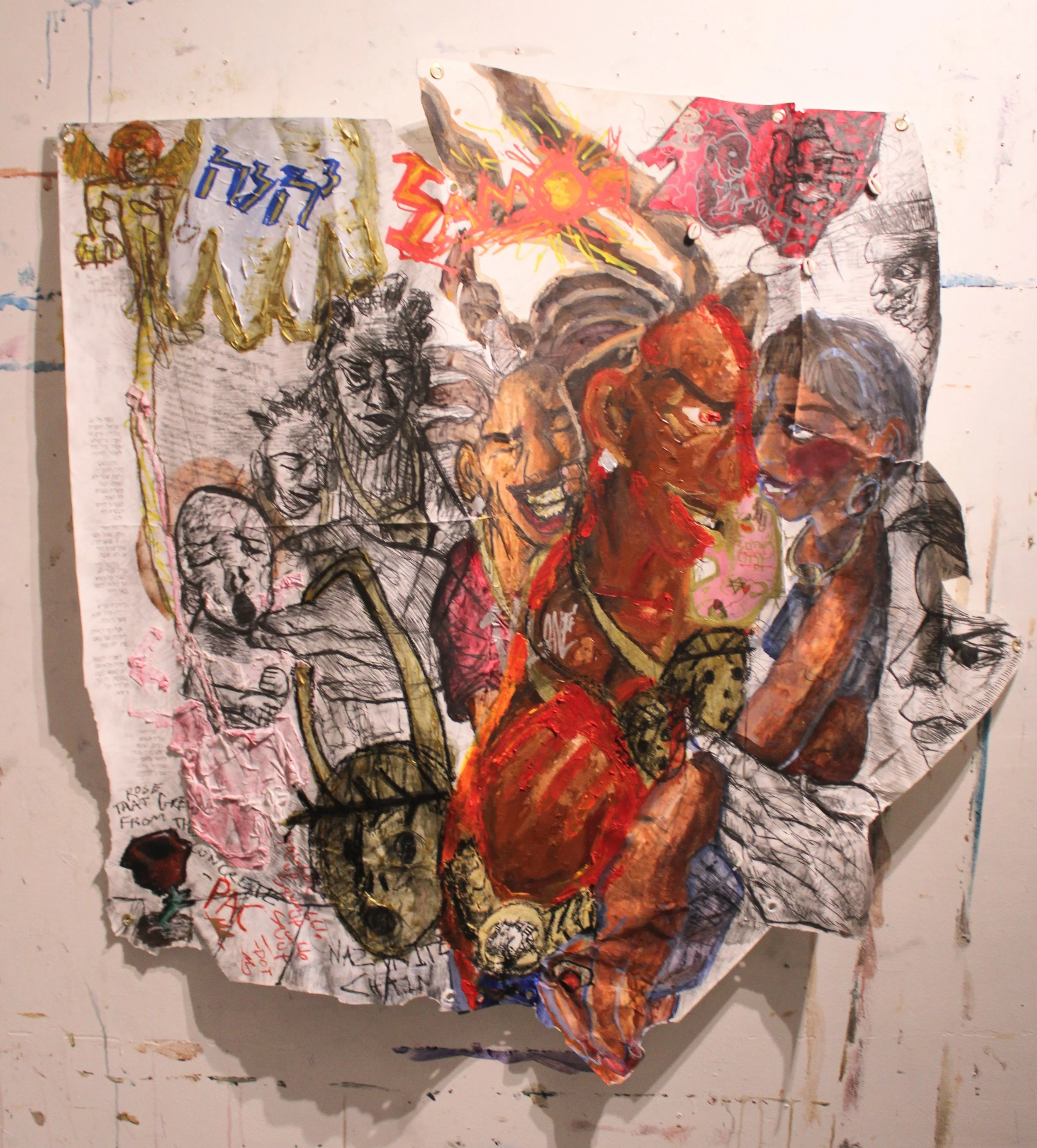 Birth and life of Samson/YBT and Sherane, Acrylic, graphite pencil, cowrie shell, oil pastel, markers, and carbon tracing on Arches and Mixed media paper, 46 x48 inches, 2026.