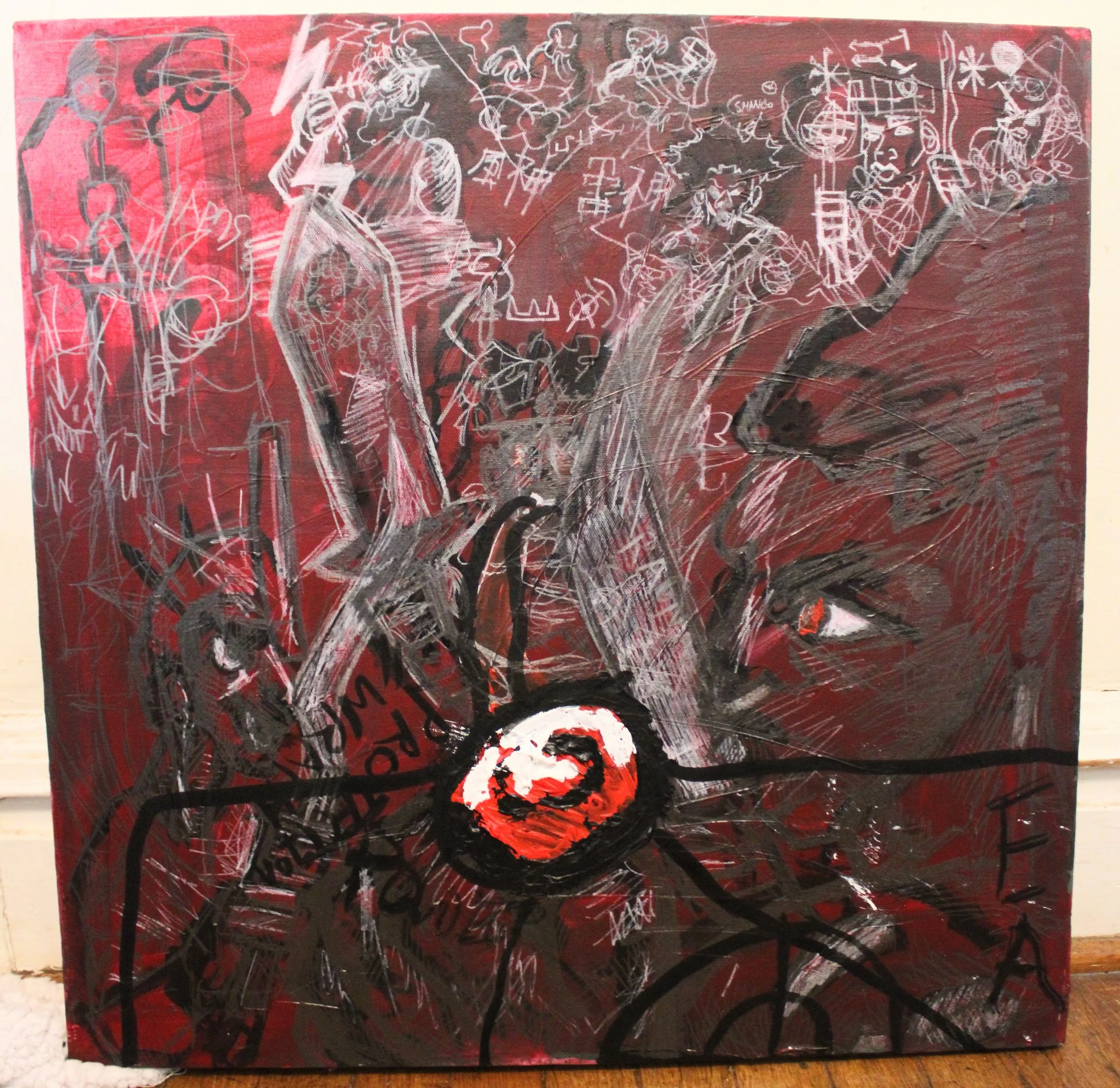 Red/ Power, Acrylic, ink, graphite and white pencil on canvas, 24 x 24 inches, 2025.