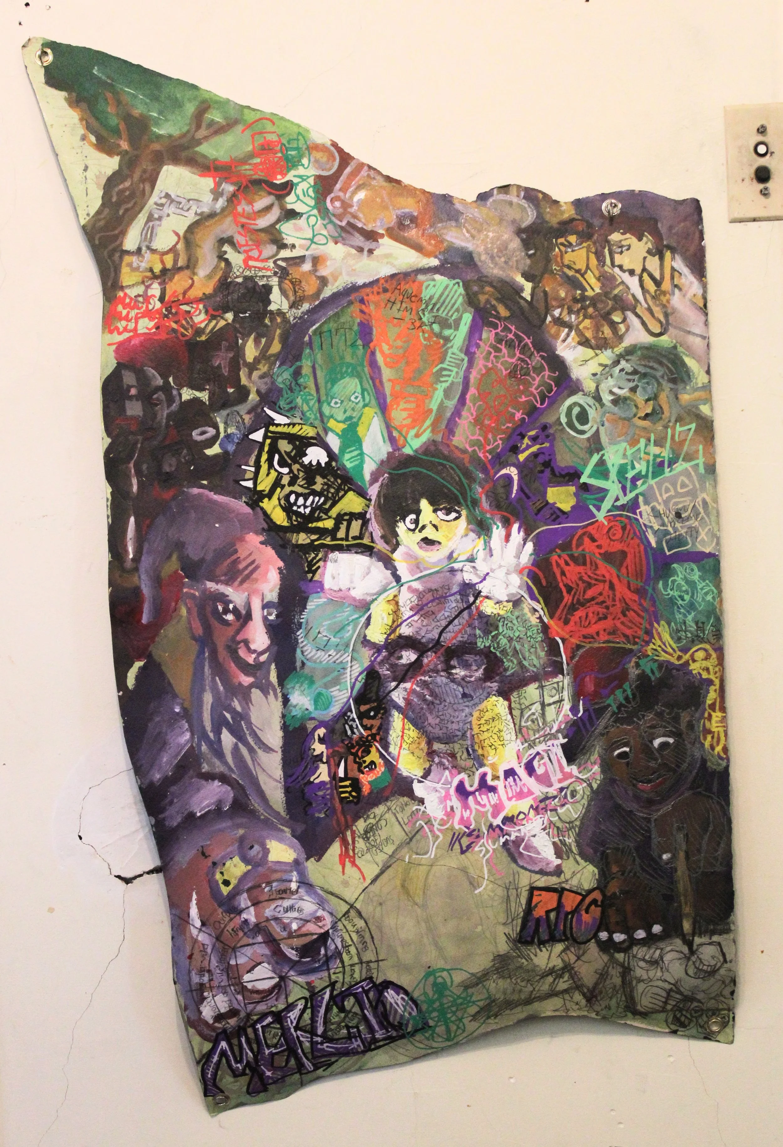 Magicians and Scientists I side A spells, Acrylic, graphite pencil, posca markers, and carbon on Arches paper, 24 x 40 inches, 2025.