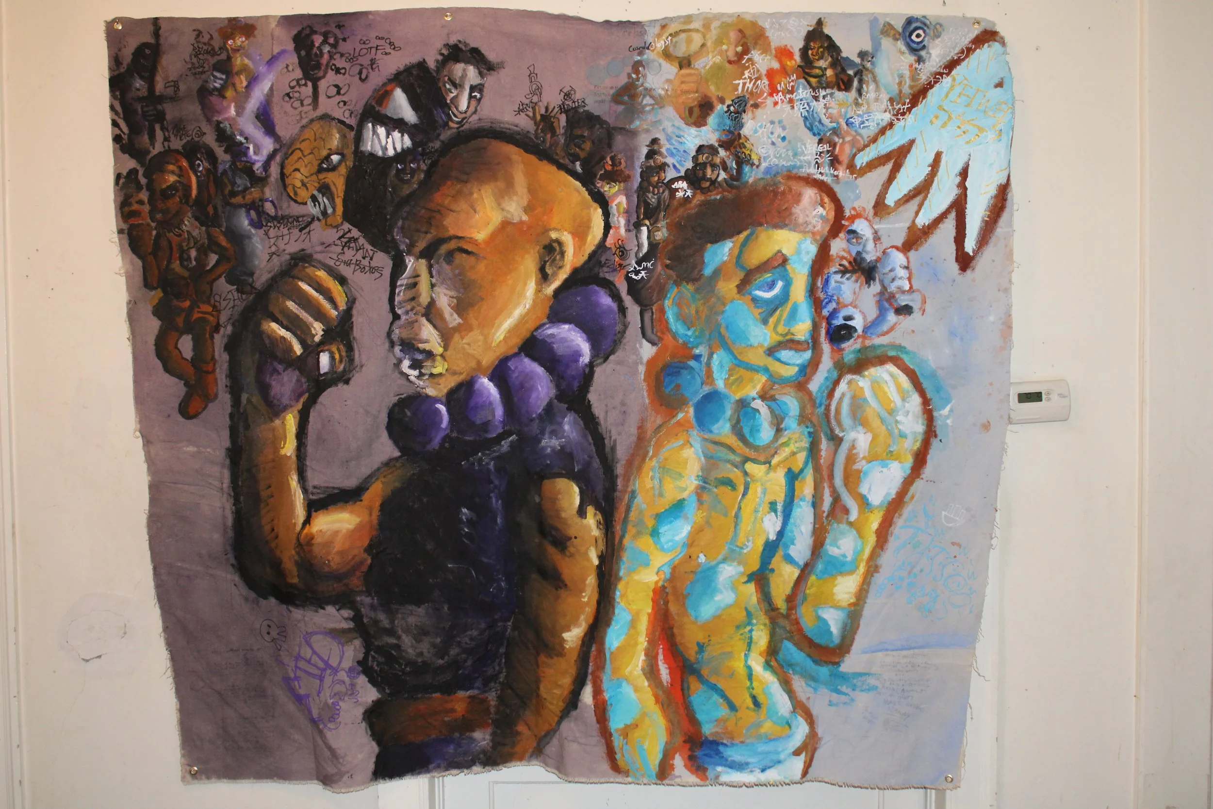 Axial(s) IV: Fellowship of the Dark Angels and Ancients, Acrylic, graphite pencil, posca markers, and carbon on Canvas, 85 x 70 inches, 2025.