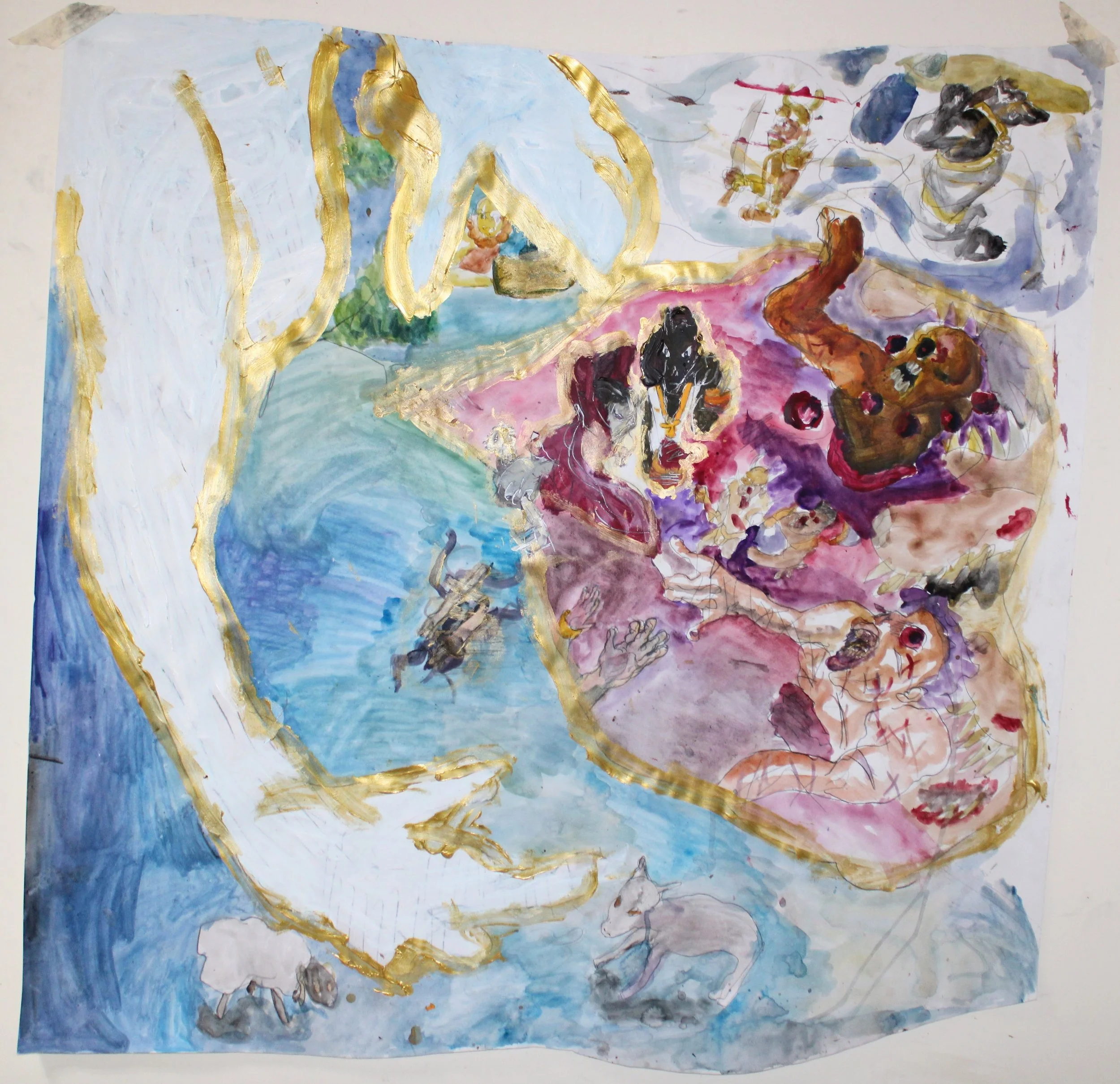 VI. The Key of Hades and Scale of Anubis, Watercolor, acrylic paint, and graphite pencil, 48 inches x 48 inches, 2023.