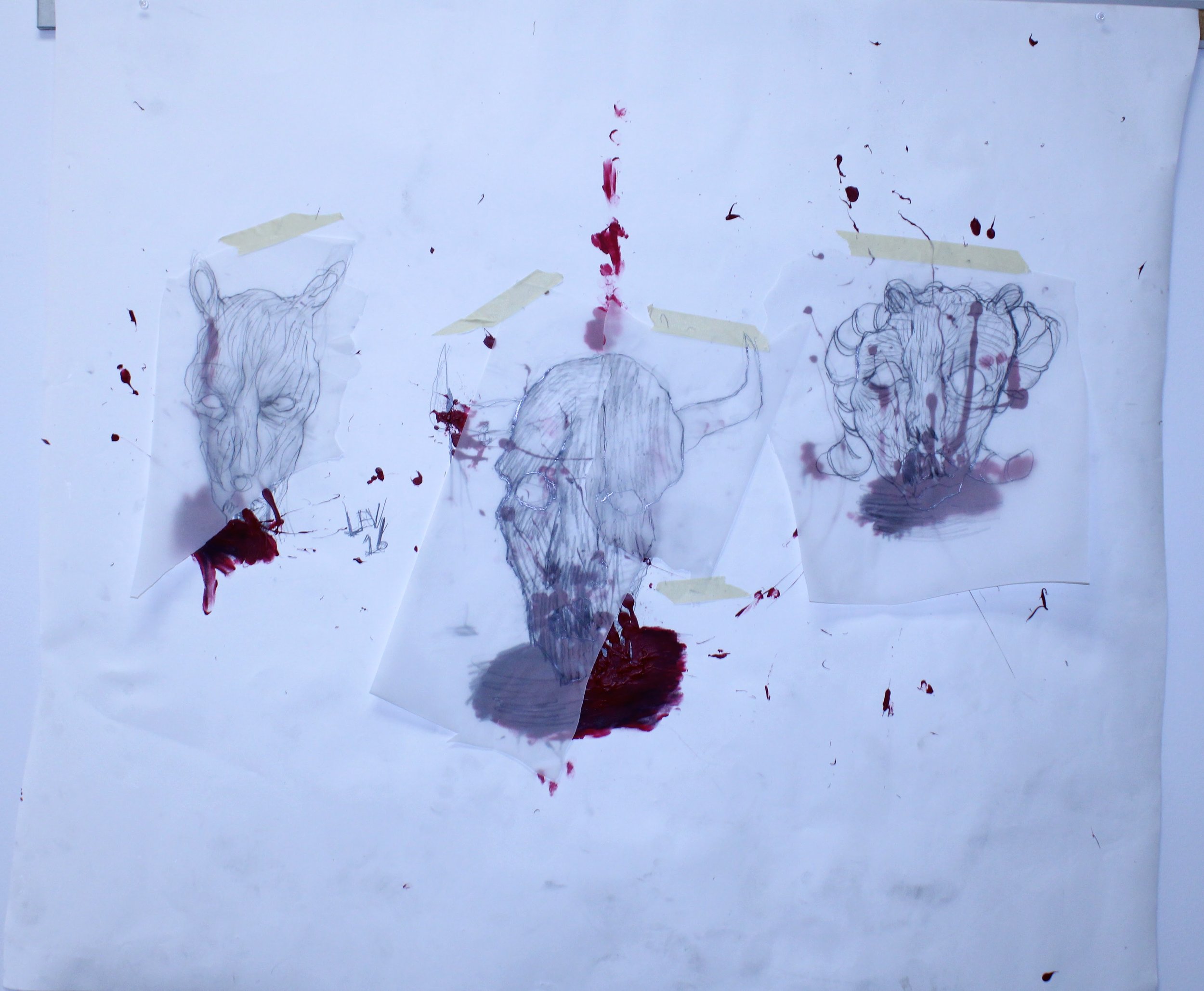V. Levitucus XVI, Graphite pencil, acylic paint, tape, and collaged vellum on Drawing paper, 42 inchesx 46 inches, 2023.