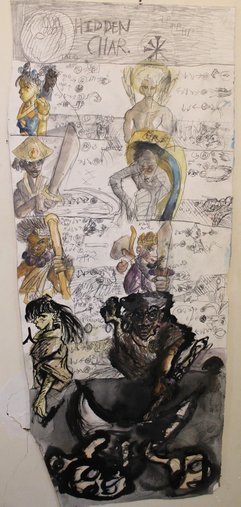 Movelist part I Side B, Acrylic, watercolor, and graphite pencil, 16 x 36 inches, 2024.