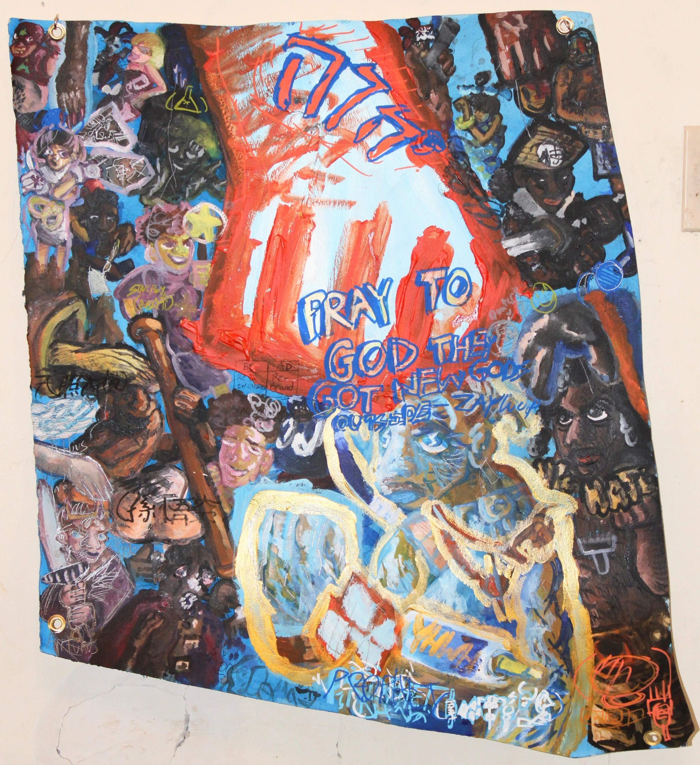 TM IV: Reincarnation/ Rebrand II: Prophets, Idols, and Experiments,  Acrylic paint, graphite pencil, posca markers and carbon on Arches paper, 28 x 31 inches, 2025.