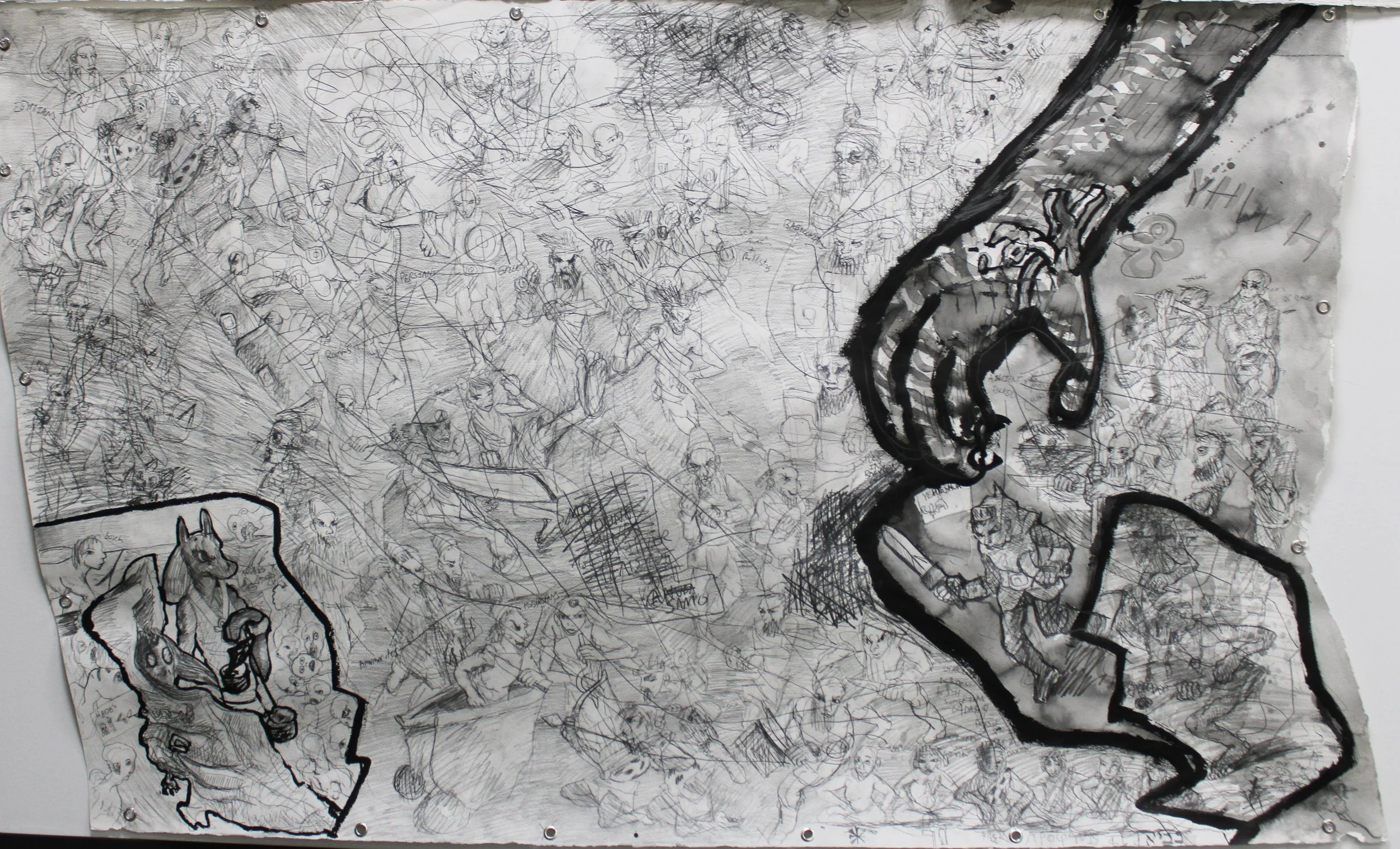 The Histories: connection of heaven and earth Fragment 3, Graphite pencil and ink on Arches paper, 46 inches x 71 inches, 2024.
