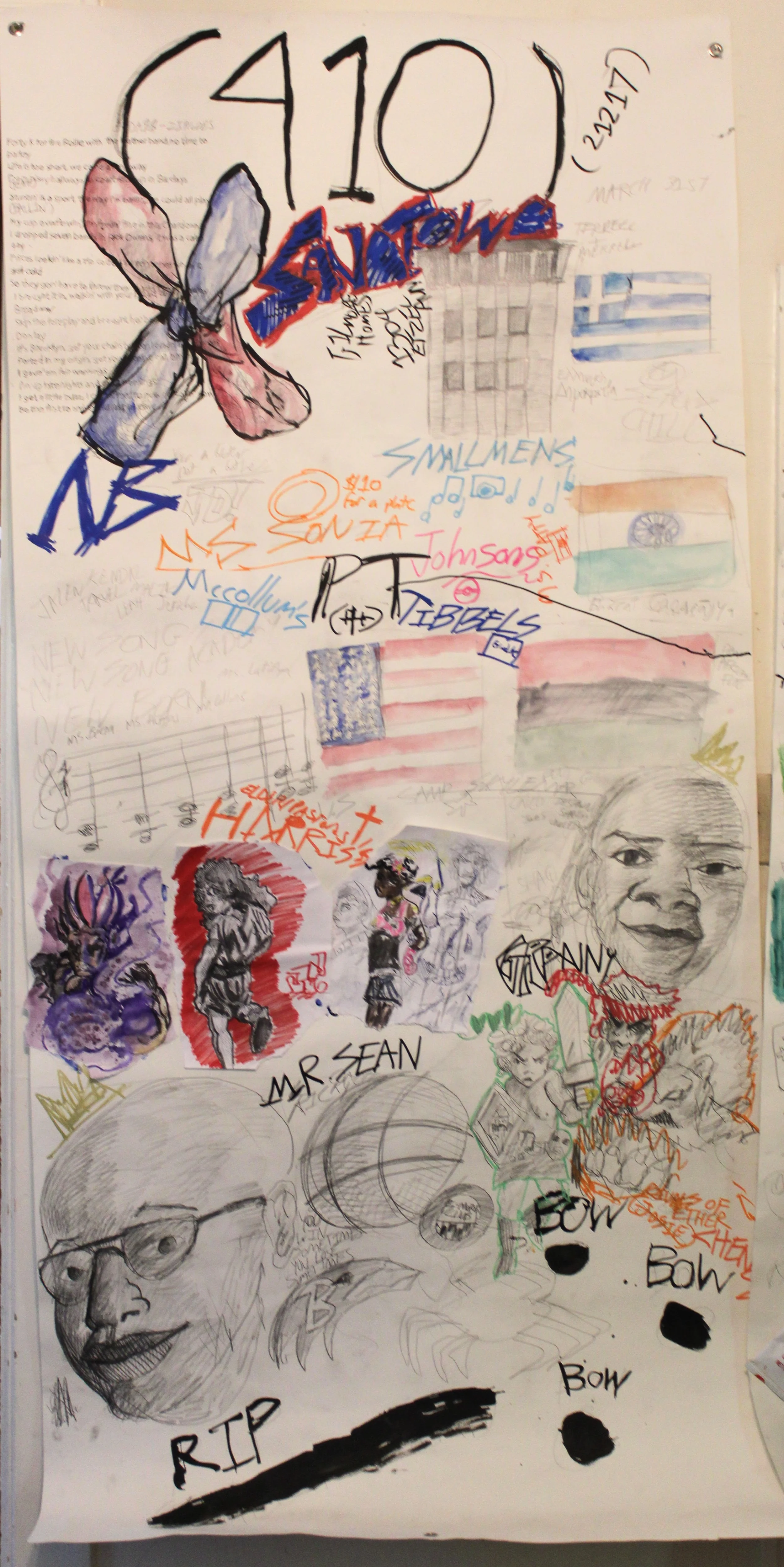 410//21217 , Collaged paper, acrylic, watercolor , graphite pencil, posca markers, and carbon tracings on drawing paper, 36 x 71 inches, 2025.