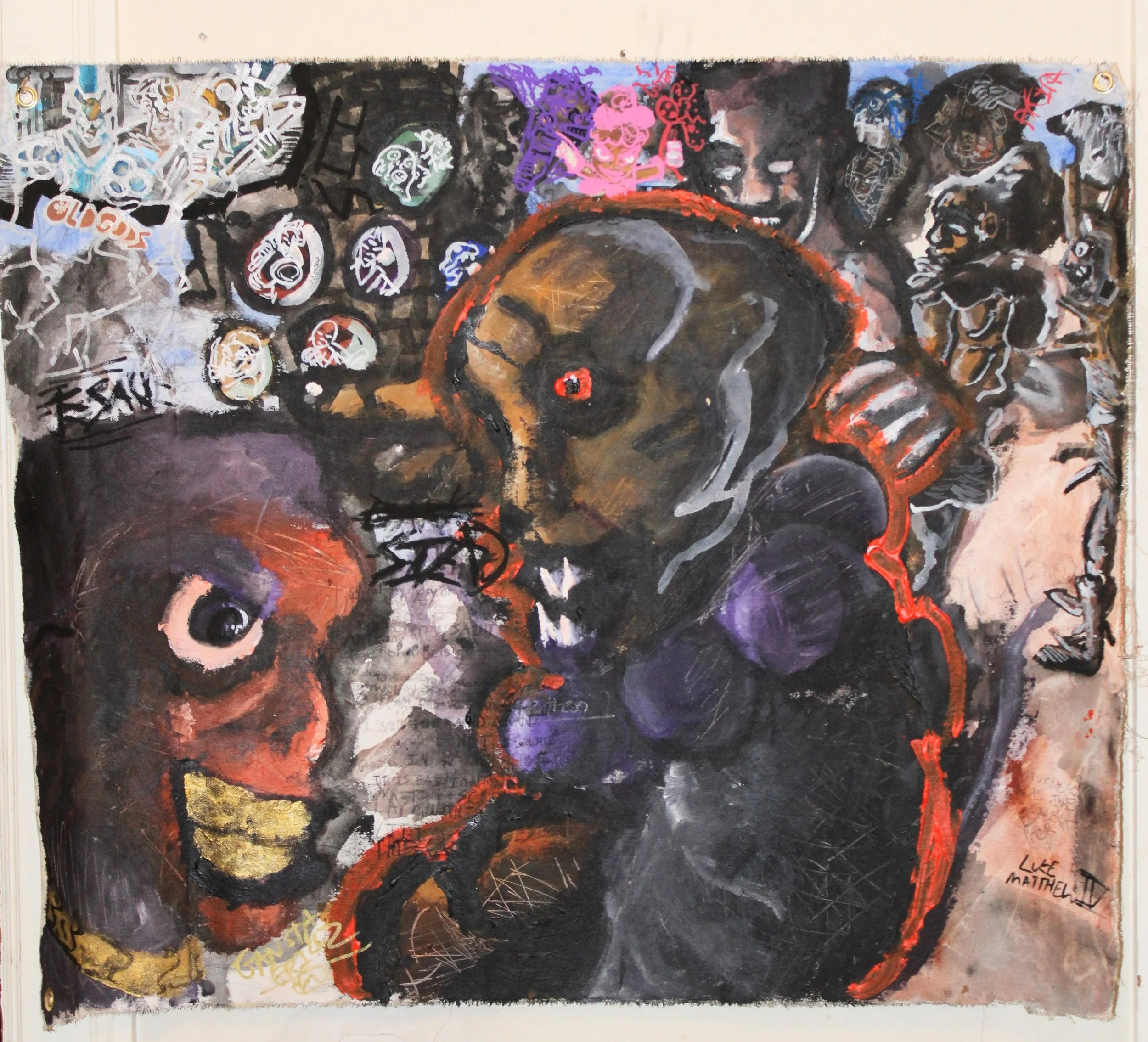 Axial(s) V: Satan's Sabbath/ Murder was the case [Goya}, Acrylic, graphite pencil, posca markers, and carbon on Canvas, 65 x 70 inches, 2025.