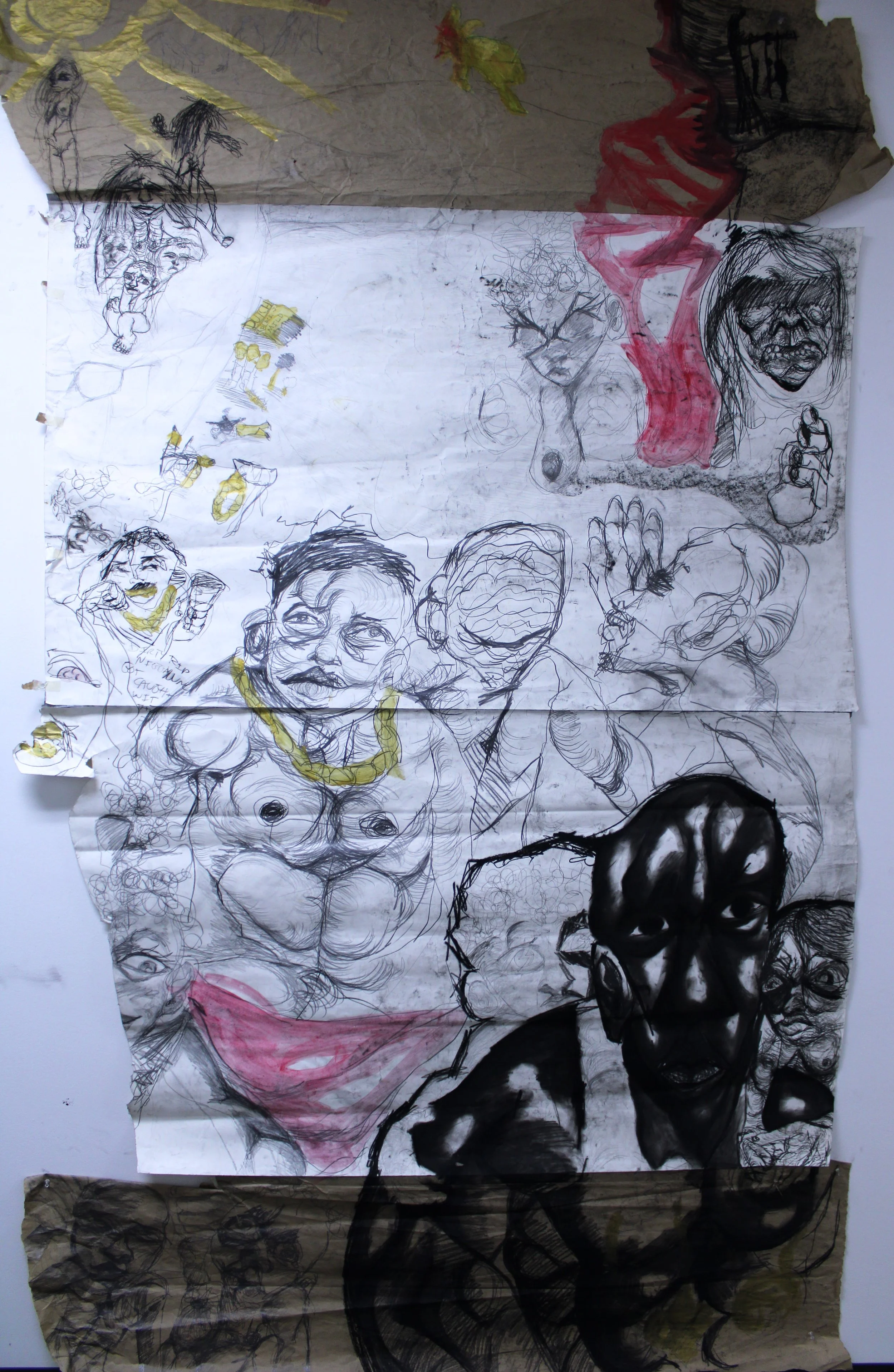 Atrocity city, Charcoal, graphite pencil, acrylic, and watercolor on Drawing and Kraft paper, 42 x 86 inches, 2021.