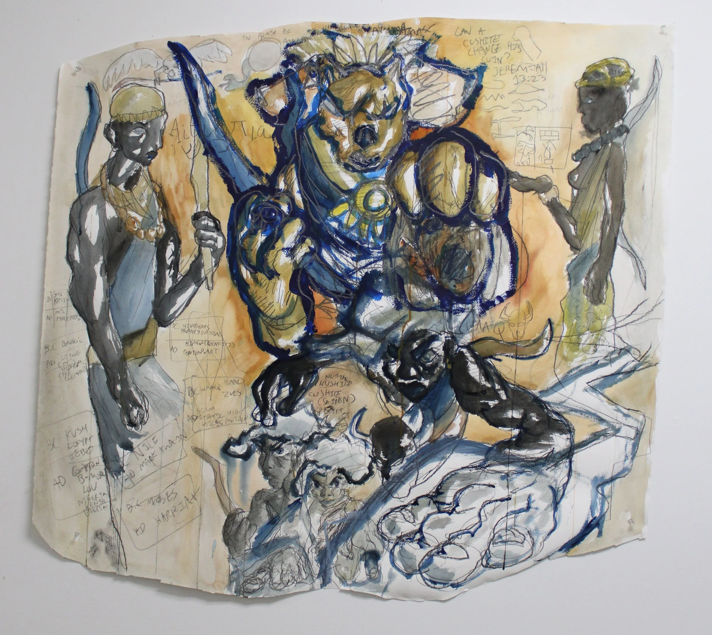 Cushite Gods II, Watercolor, acylic paint, and graphite pencil on Watercolor paper, 46 inches x 36 inches, 2023