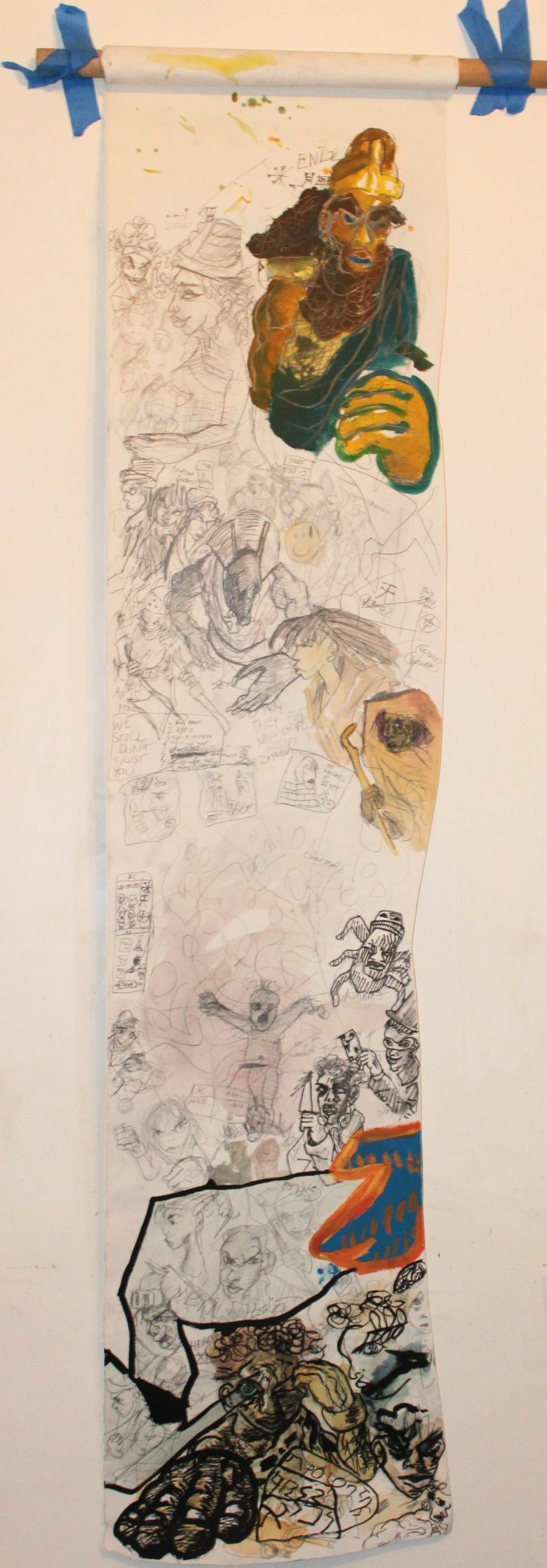 We still don't trust you side B, Acrylic, gouache, graphite pencil on Arches paper, 36 inches x 74 inches, 2024.