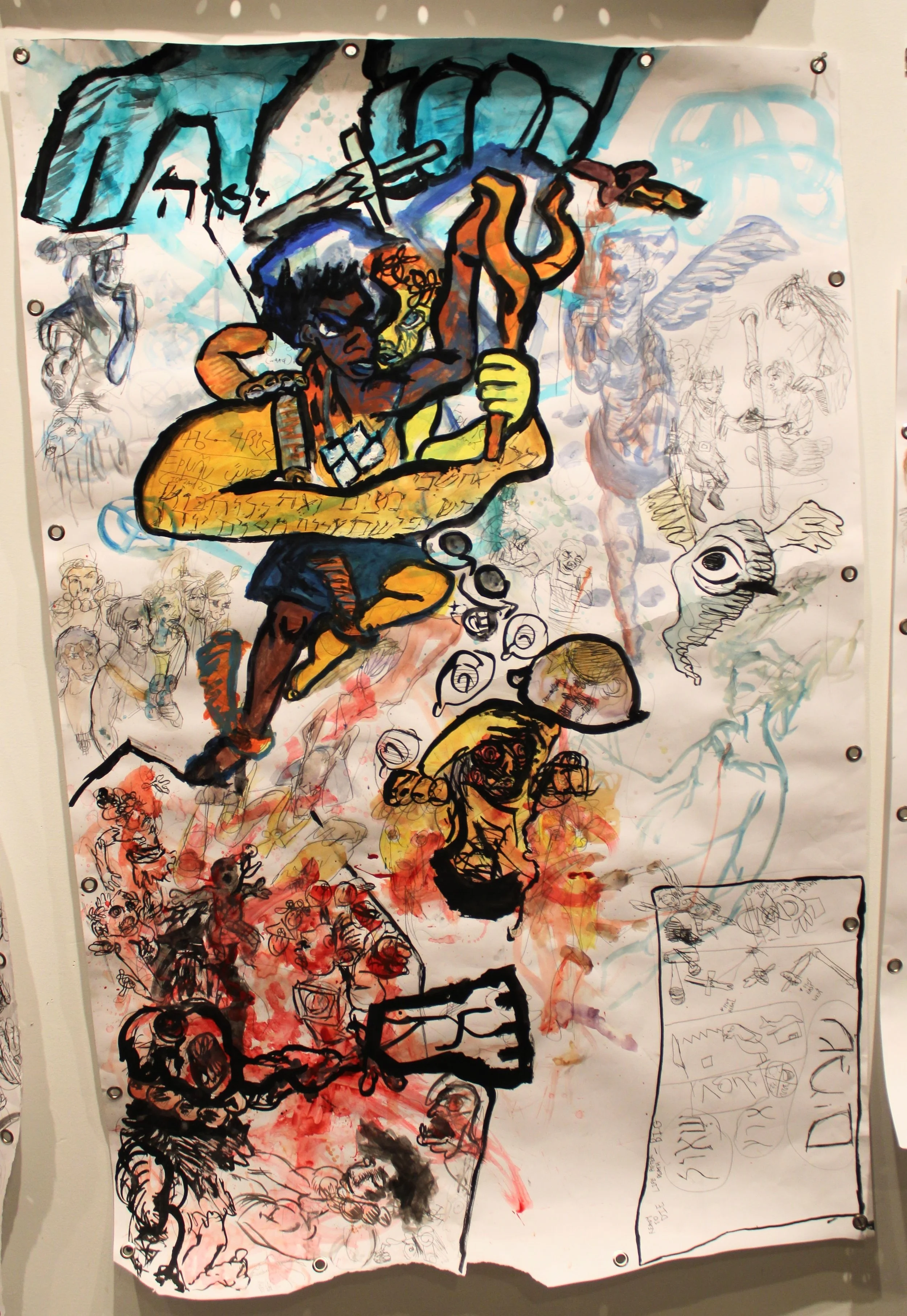Judgement day, Gauche, watercolor, ink, and graphite pencil on Mixed media paper, 35 x 54 inches, 2024.