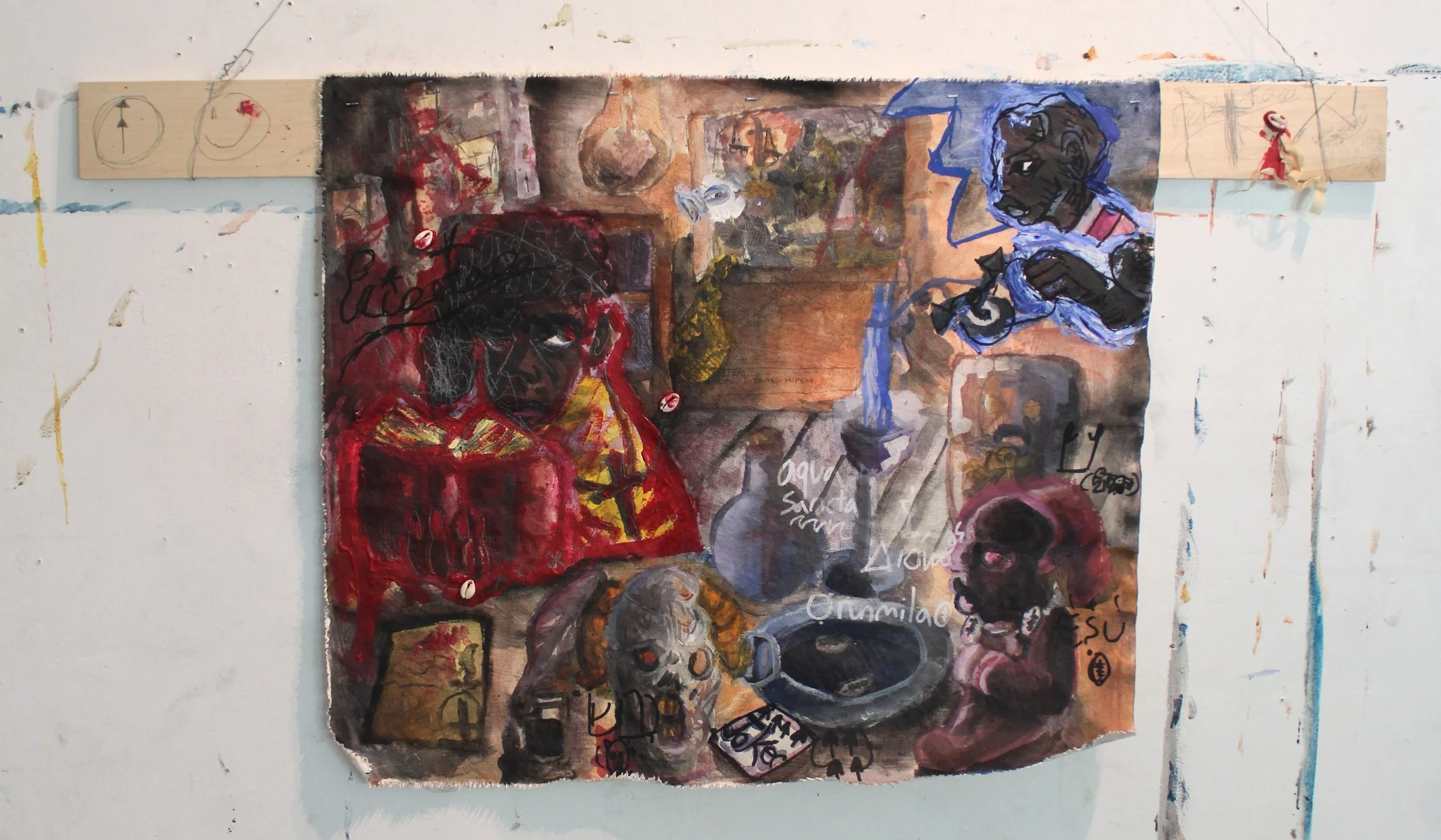Magicians: Priestess, Acrylic, graphite pencil, marker, carbon tracing, and cowrie shells on Canvas attached to wooden board, 48 x 26 inches, 2026.