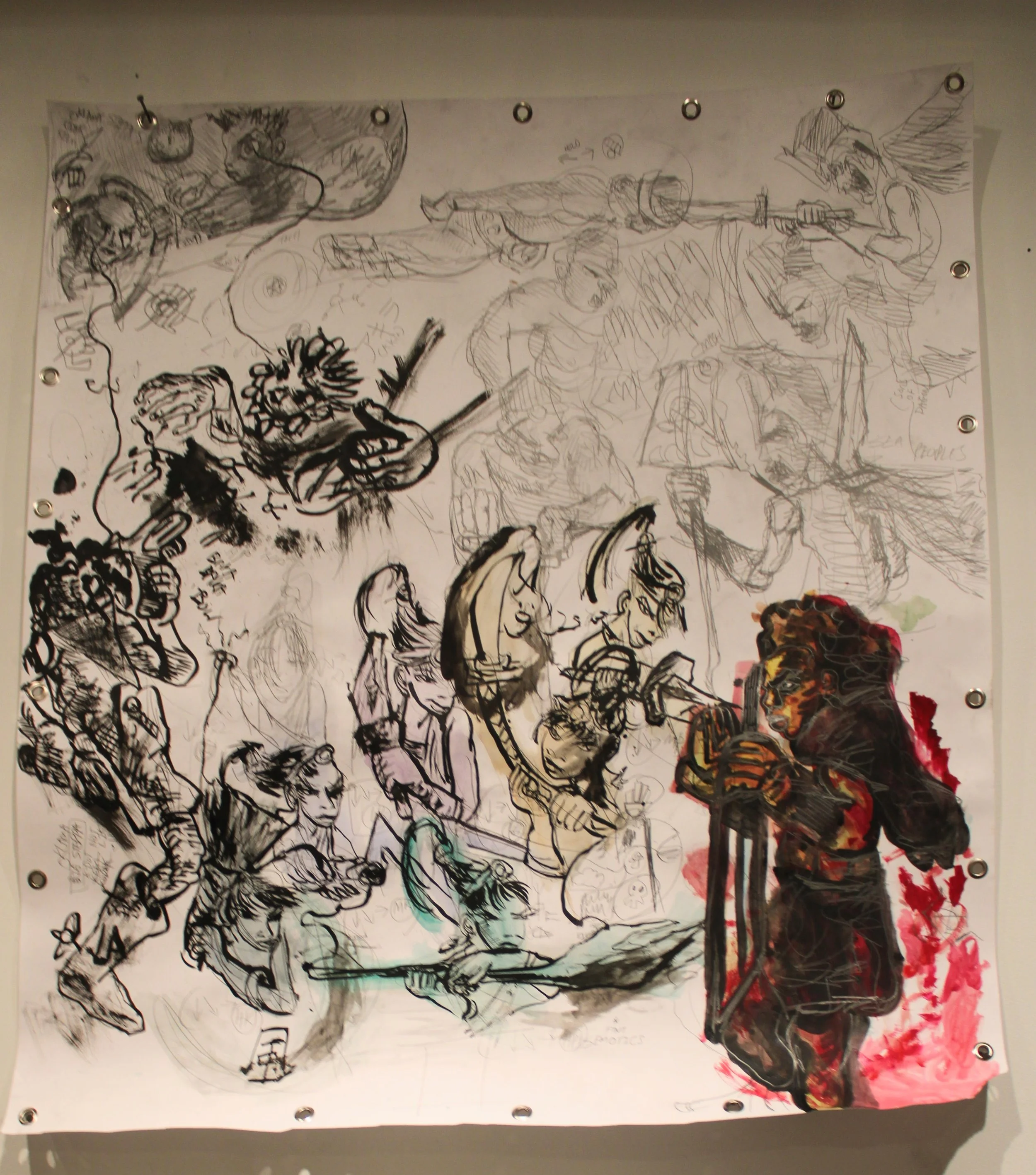 Movelist/ Hieroglyphics II , Gauche, watercolor, ink, and graphite pencil on Mixed media paper, 34 x 48 inches, 2024.