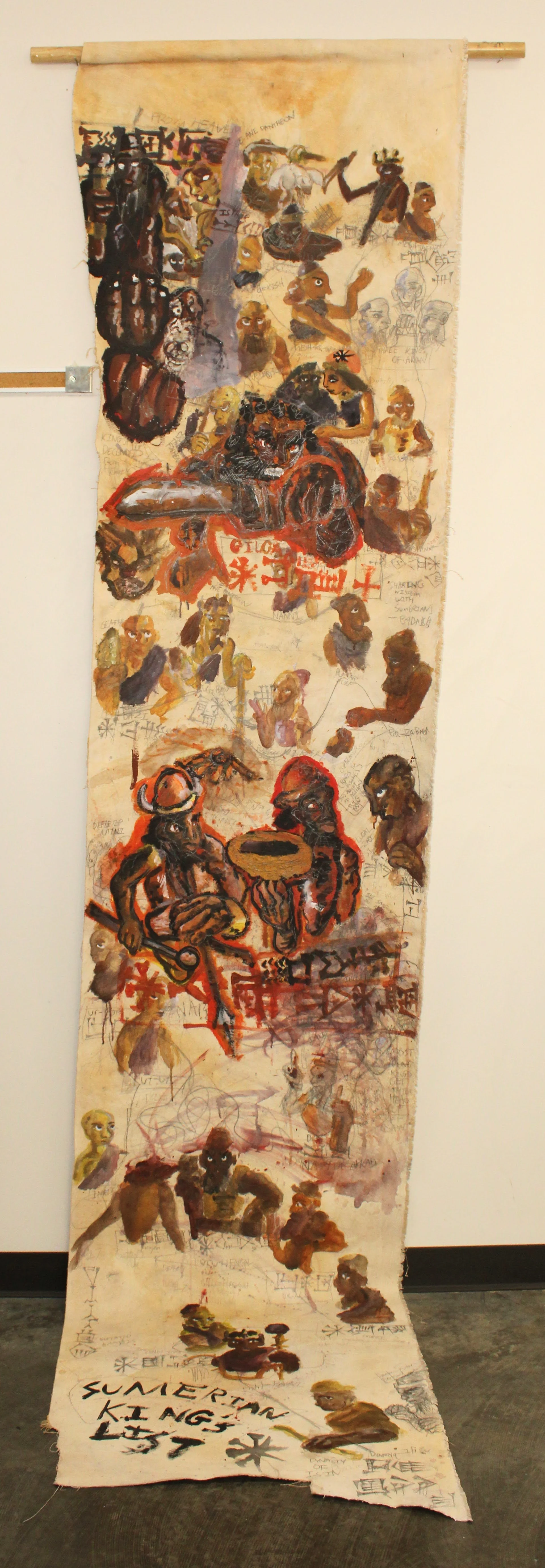 Sumerian Kings list, Acrylic and Graphite pencil on un-stretched canvas attached to dowel, 37 x 131 inches, 2024.