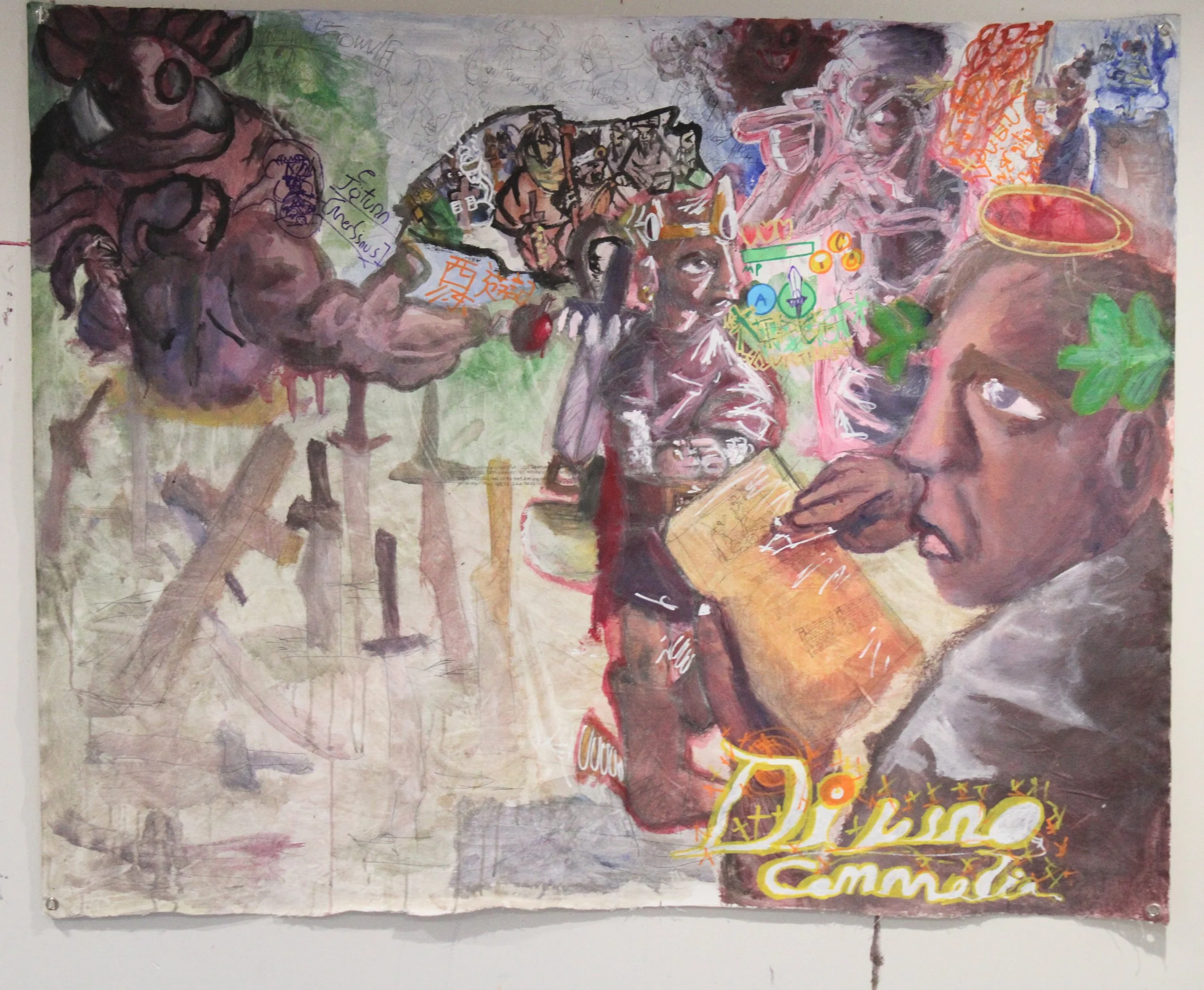 West III. Divino Comedia, Acrylic, graphite pencil, posca markers, and carbon tracing on Canvas,  74 x 81 inches, 2025. 