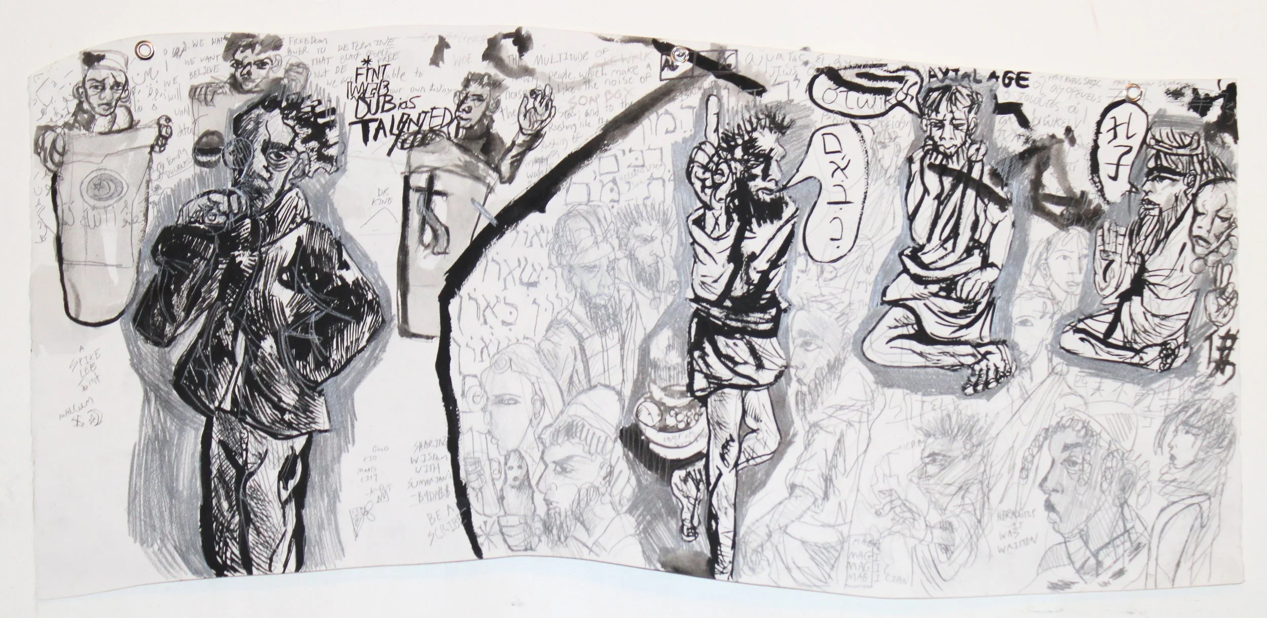 Cultural Exchanges Side A (Soap Box), Graphite pencil and ink wash on Arches paper, 36 x 18 inches, 2024.