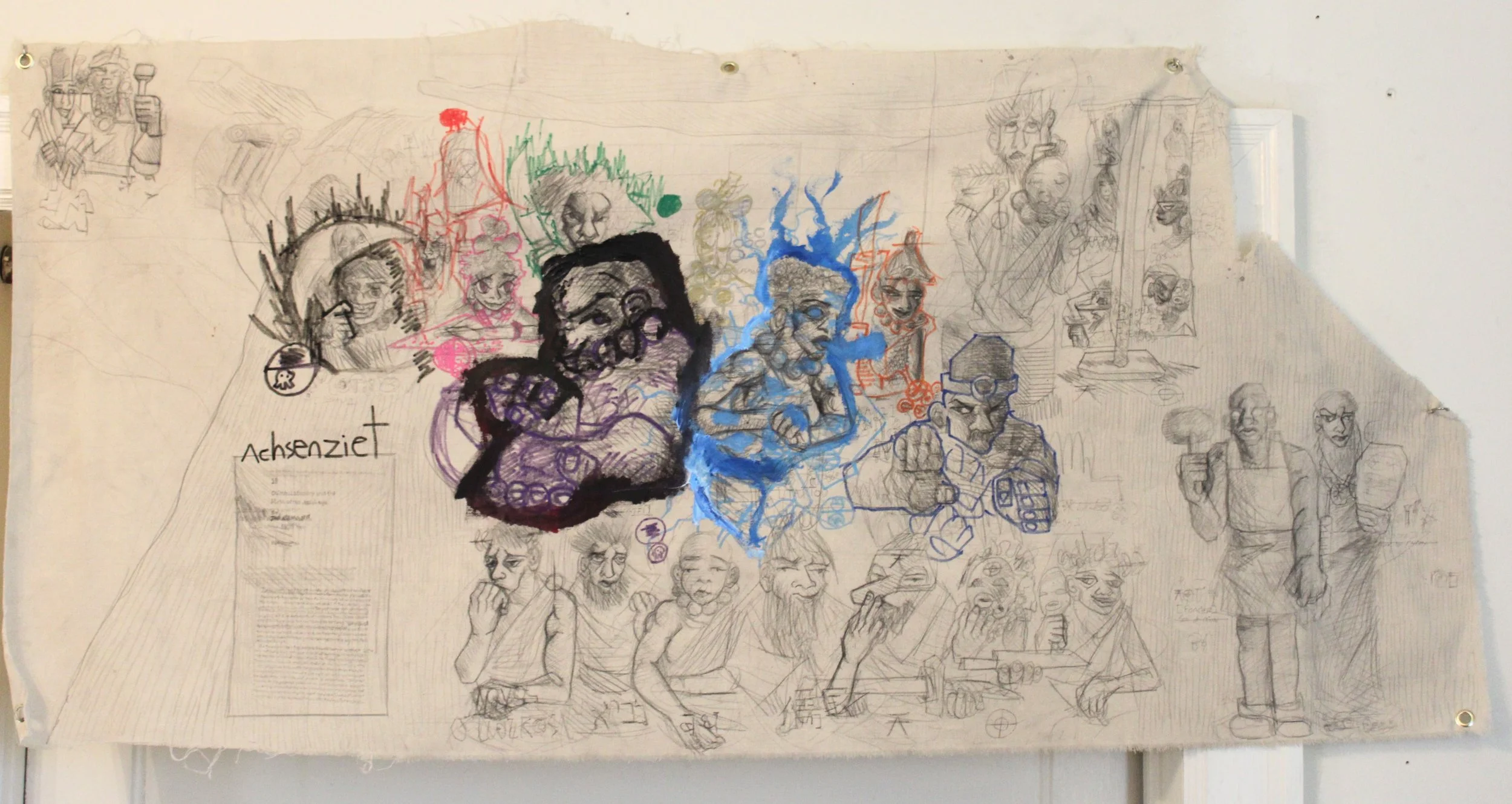 Axial(s) I: Interlude, Acrylic, graphite pencil, posca markers, and carbon on Canvas, 28 1/2 x 60 1/2, 2025.