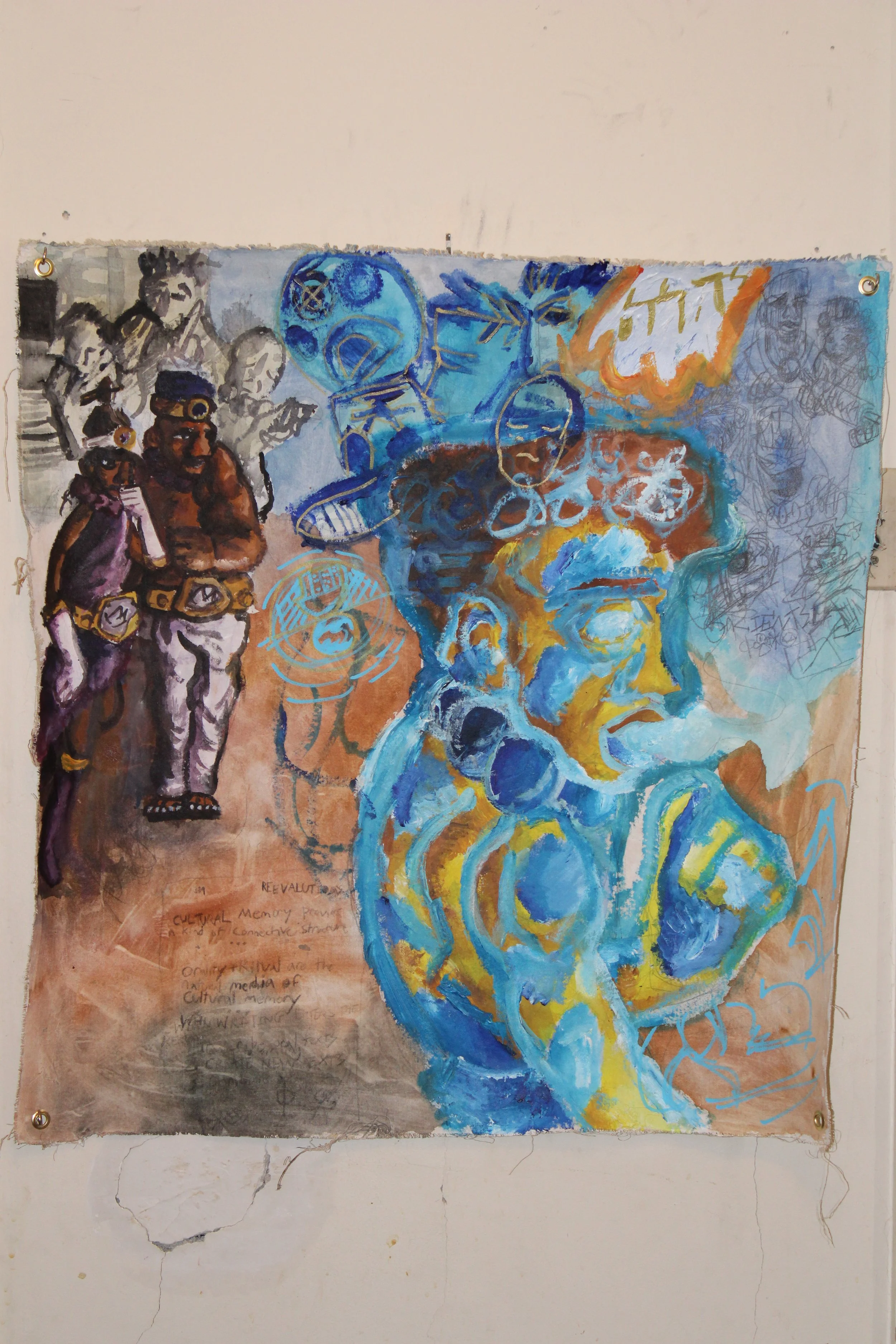 Axial(s) VII: Prophecy, Acrylic, graphite pencil, posca markers, and carbon on Canvas, 31 x 32 inches, 2025.
