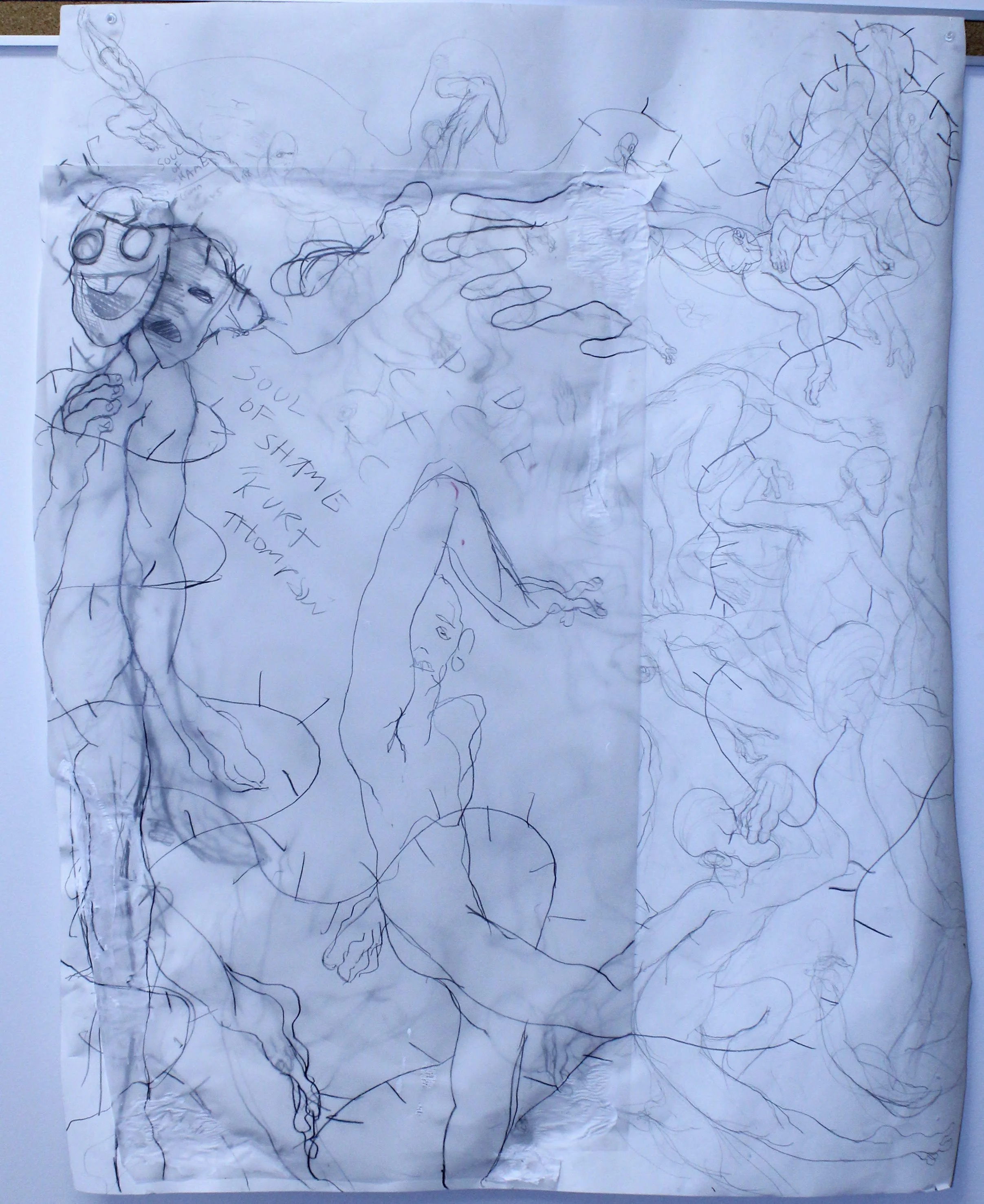 I. Soul of shame, Graphite pencil, gesso, and collaged vellum on Drawing paper, 32 inches x 42 inches, 2023.
