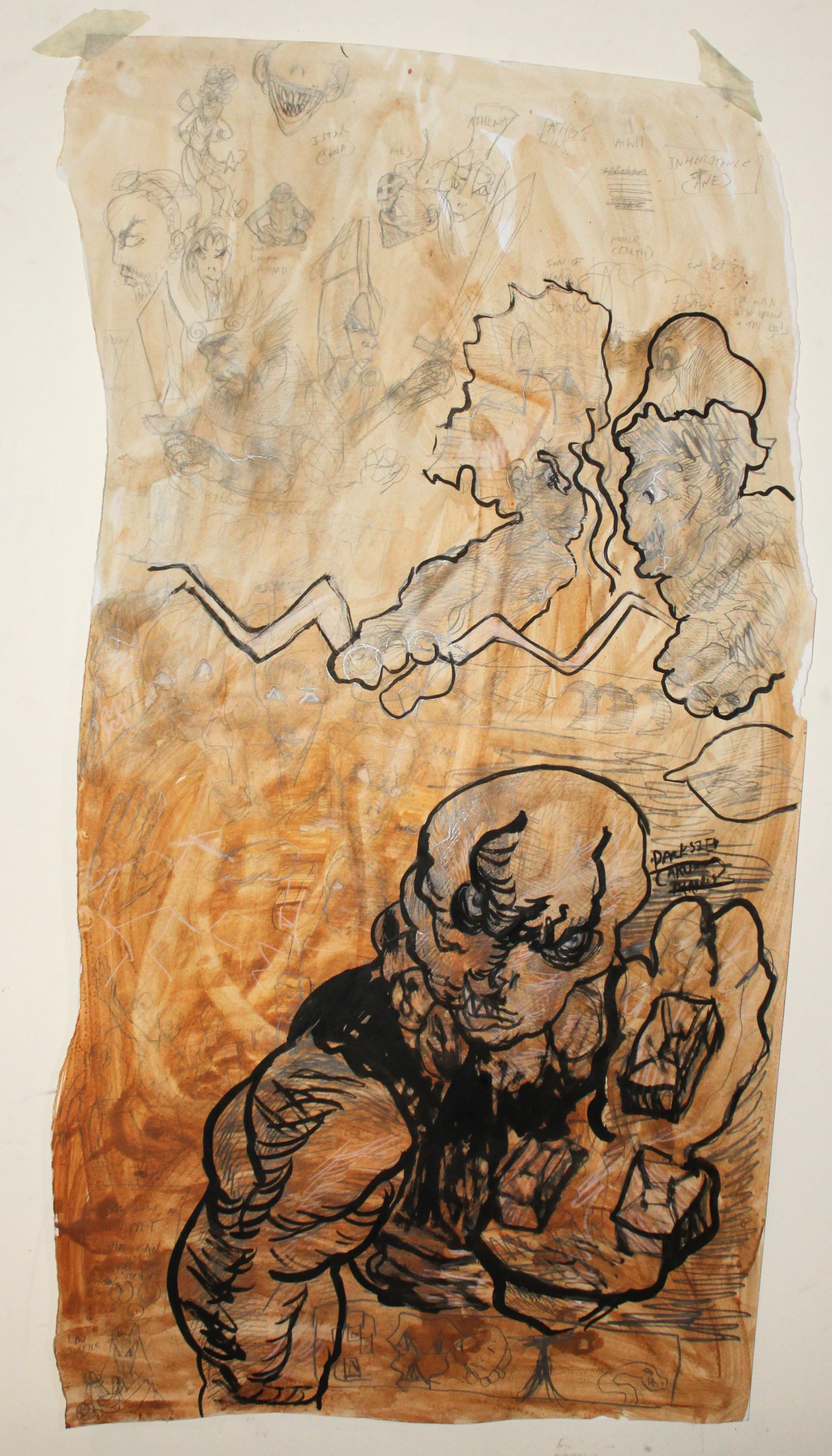 II. Inheritance (Monologue), Ink,graphite pencil, and white pencil on Toned mixed media paper, 24 inches x 48 inches, 2023.
