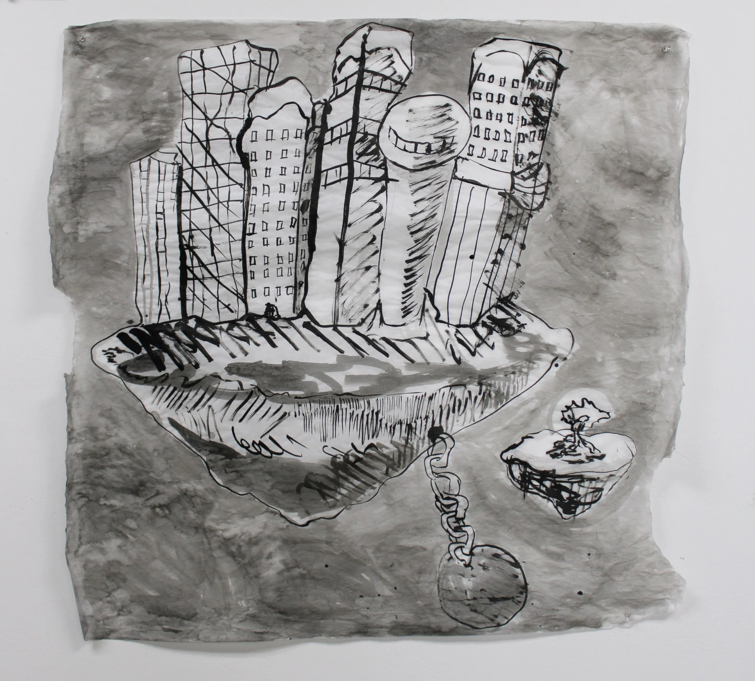I. Lost planet, Inkwash on Vellum, 42 inches x 38 inches, 2023.