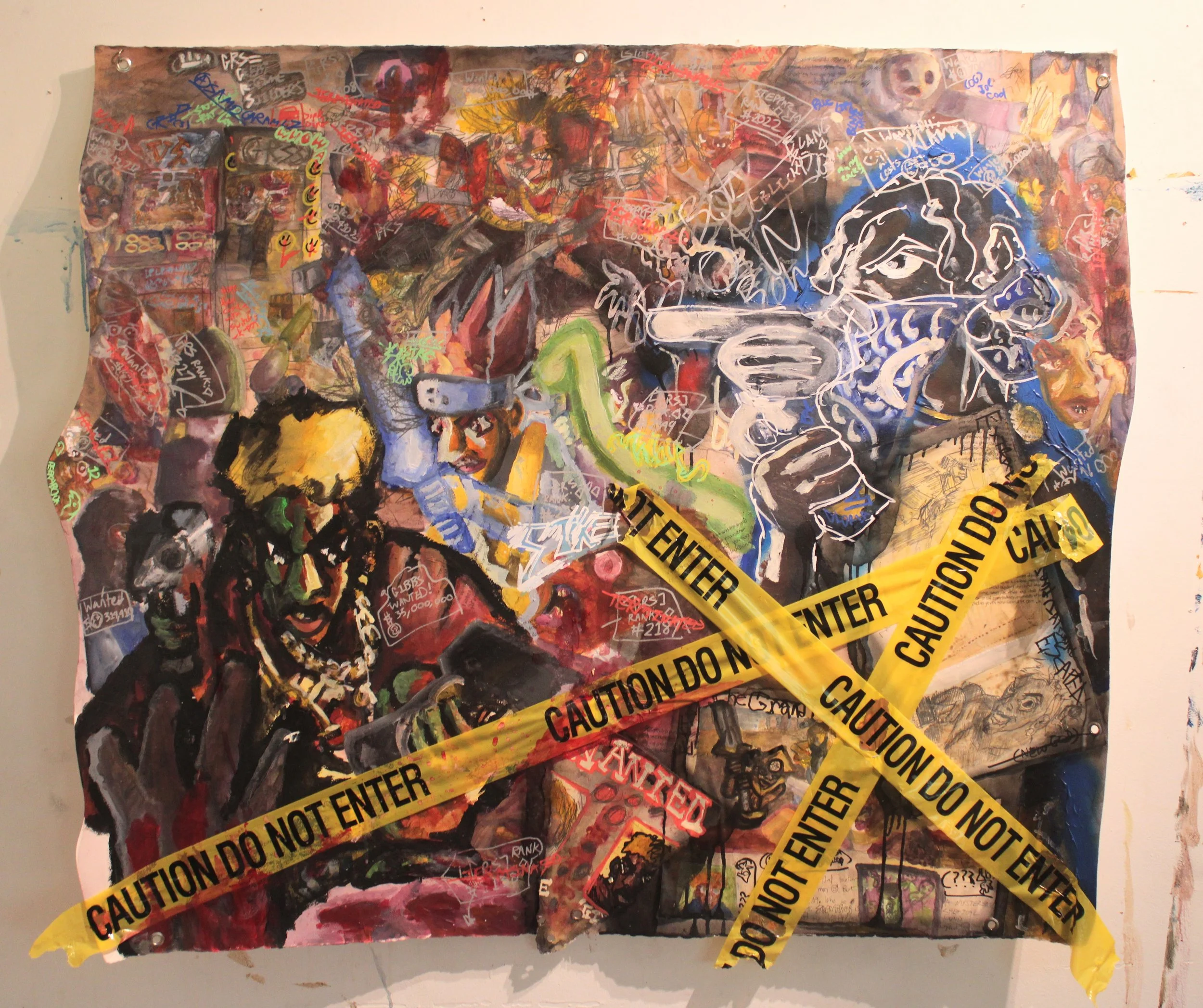 Scientist appendix Thugs and Bandits II: #'s and Names, Acrylic, graphite pencil, spray paint, marker, carbon tracing, do not cross tape, and collaged paper on Arches paper, 60 x 46 inches, 2025.