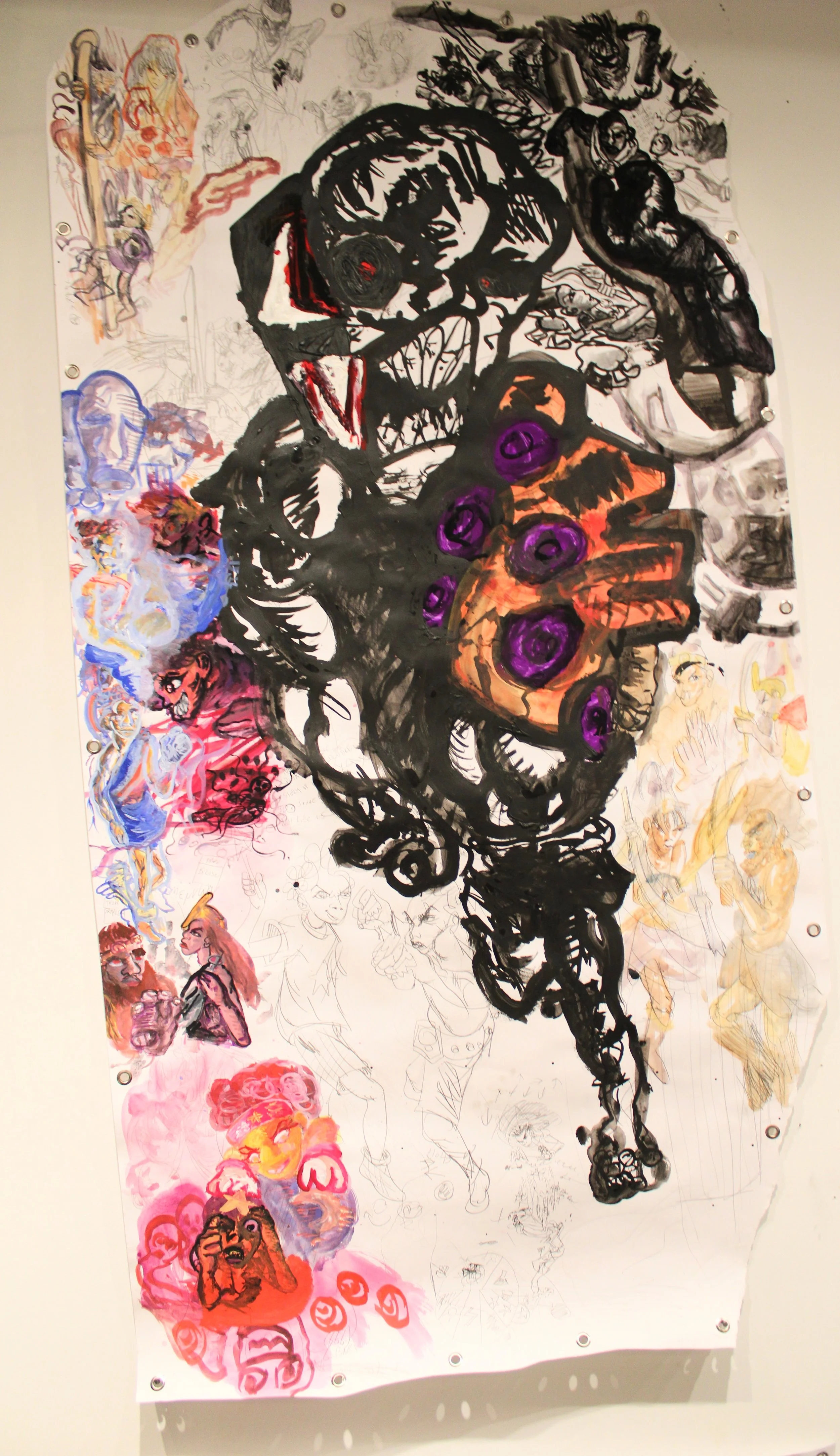 New Gods Clash, Acrylic, gauche, watercolor, ink, and graphite pencil on Mixed media paper, 37 x 68 inches, 2024.