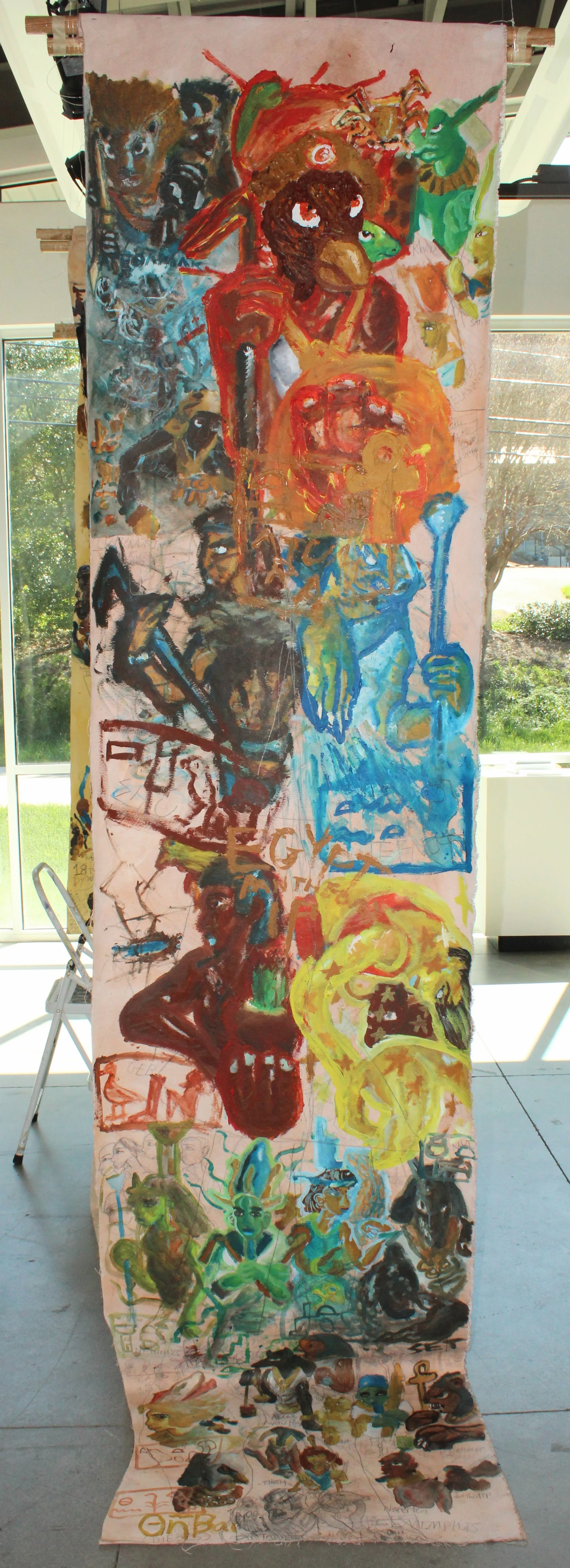 Egyptian Pantheon, Acrylic and Graphite pencil on un-stretched canvas attached to dowel, 37 inches x 132 inches, 2024.