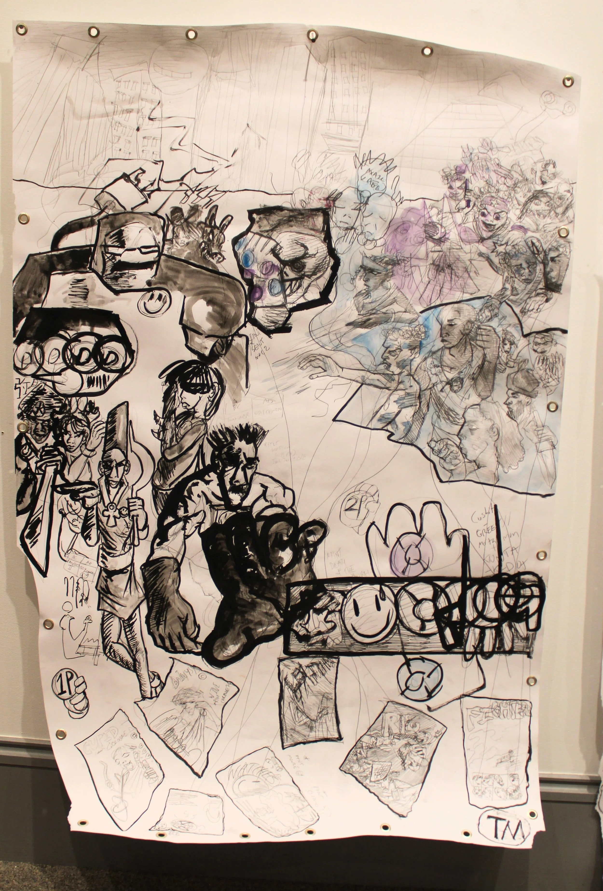 Birth of the New Gods, Graphite pencil, ink, and watercolor on Mixed media paper, 36 x 47 inches, 2024.